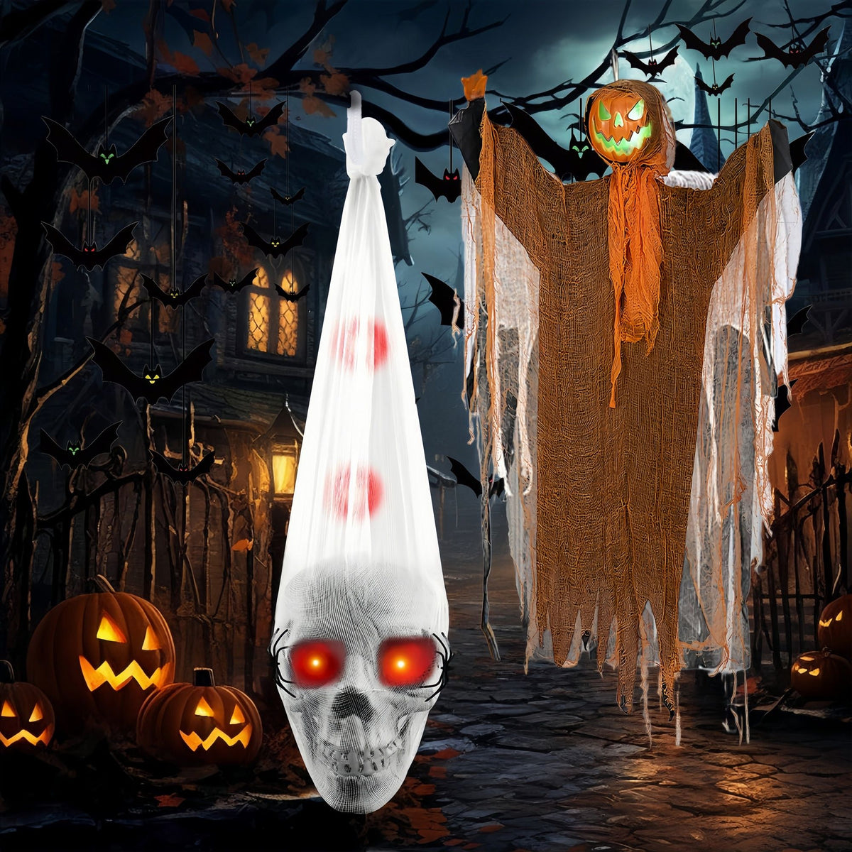 Halloween Decoration Set–Hanging Skull with LED Red Eyes and Spiders,18 PCS Hanging Bats Decorations&Spooky Scarecrow Decor for Halloween Outside Yard Tree Decors