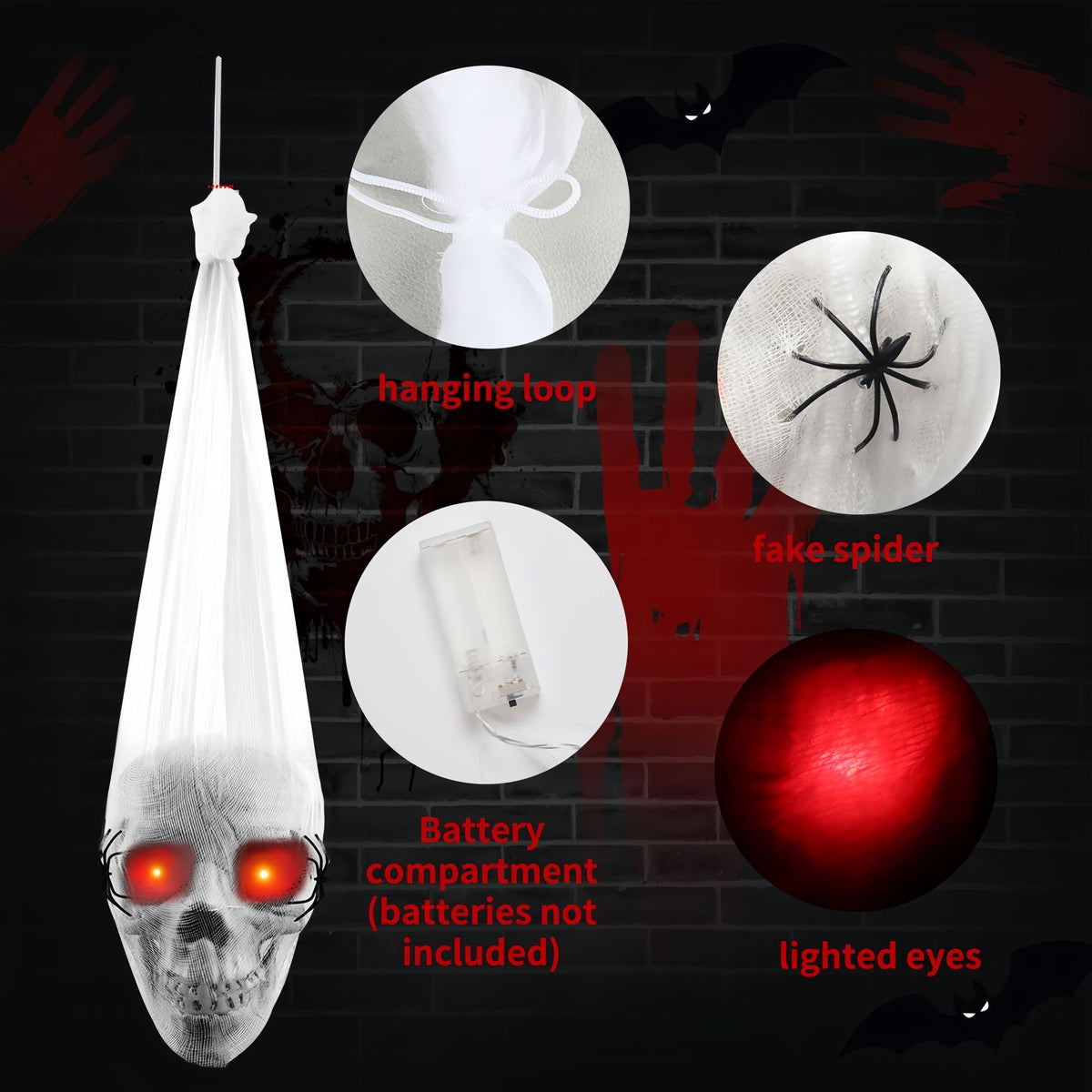 Halloween Decoration Set–Hanging Skull with LED Red Eyes and Spiders,18 PCS Hanging Bats Decorations&Spooky Scarecrow Decor for Halloween Outside Yard Tree Decors