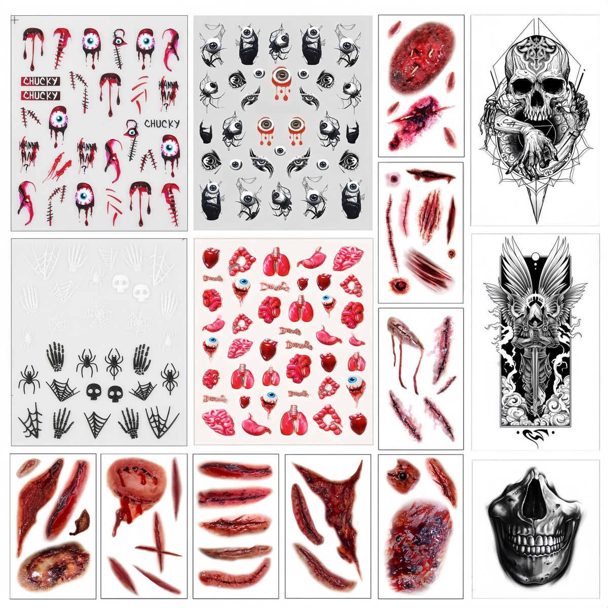 Halloween Nail & Tattoo Sticker Set – 4 Sheets 3D Nail Decals, 9 Sheets Skeleton Hand & Scary Temporary Tattoos for Kids & Adults Party Decorations