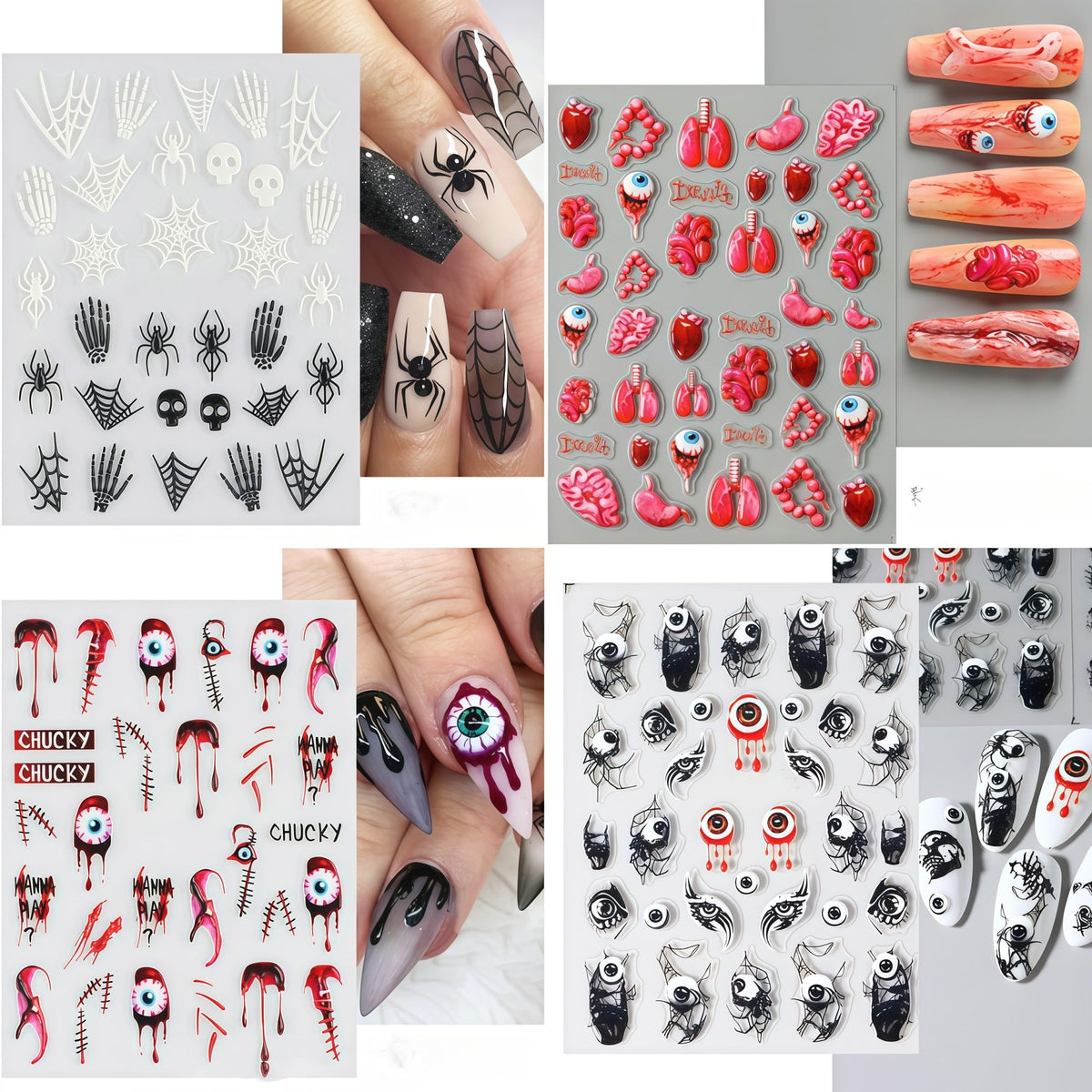 Halloween Nail & Tattoo Sticker Set – 4 Sheets 3D Nail Decals, 9 Sheets Skeleton Hand & Scary Temporary Tattoos for Kids & Adults Party Decorations