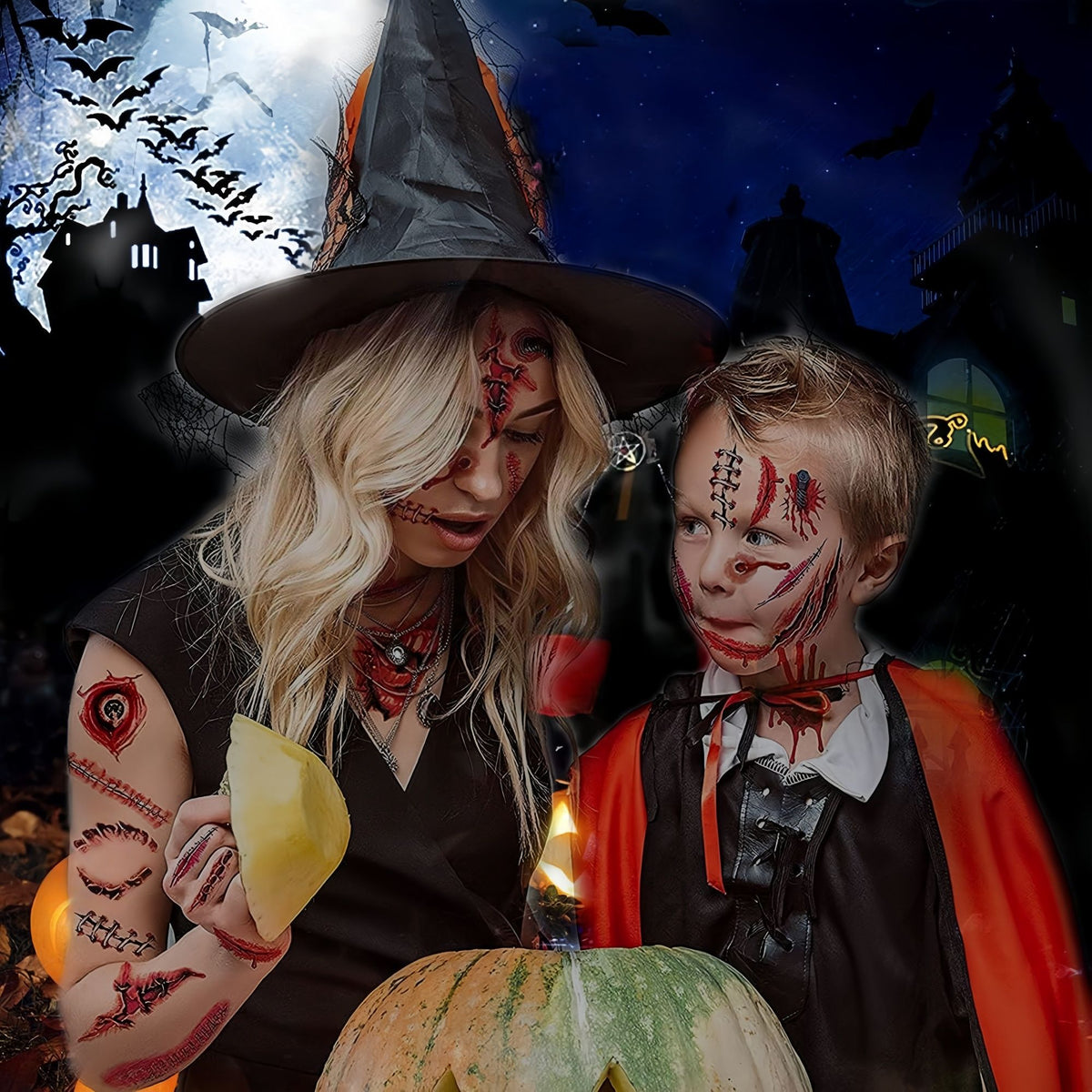 Halloween Nail & Tattoo Sticker Set – 4 Sheets 3D Nail Decals, 9 Sheets Skeleton Hand & Scary Temporary Tattoos for Kids & Adults Party Decorations