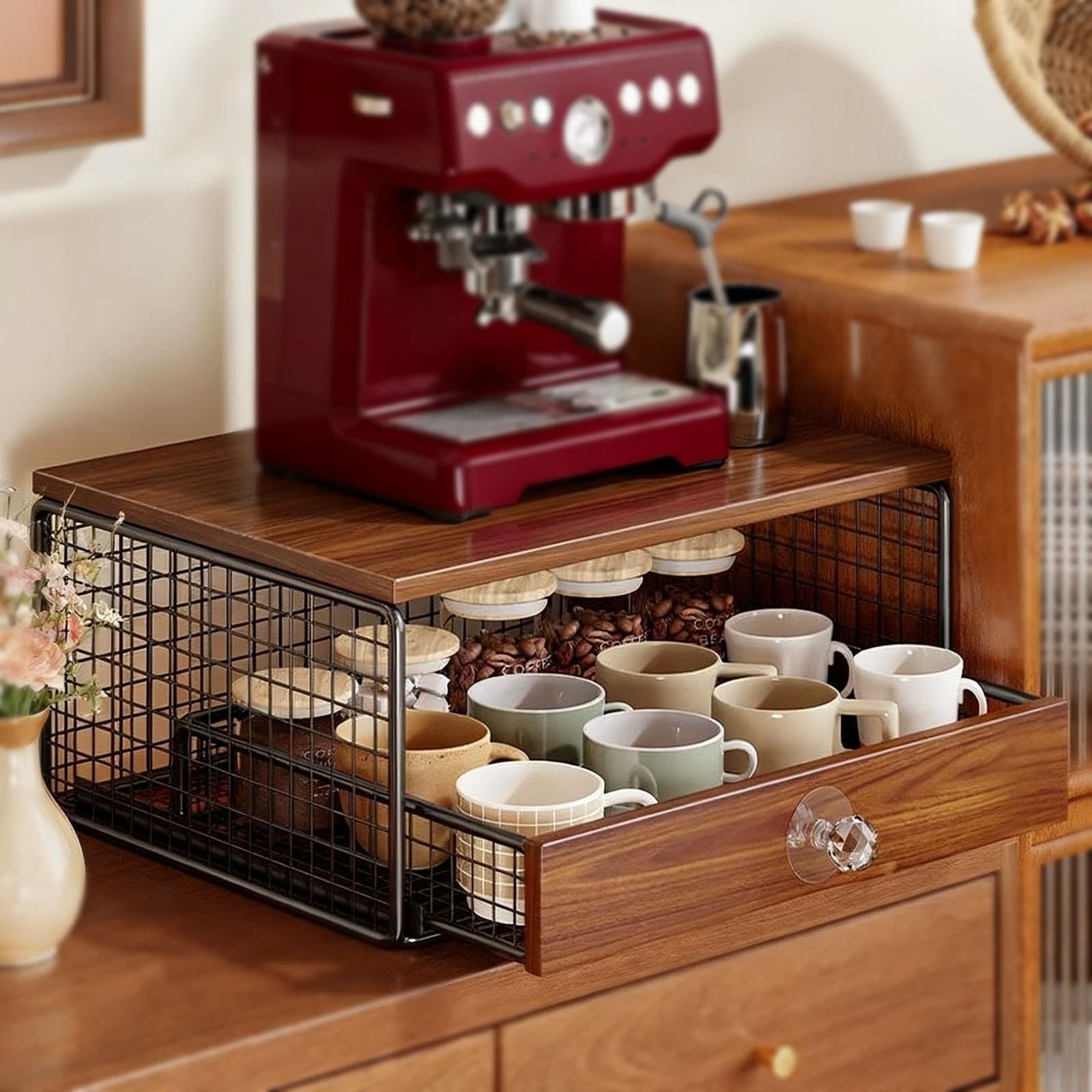 Coffee Machine Stand,Coffee Capsule Storage, Kitchen Counter Organizer with Drawer& Wire Basket, Space Saving Design, No Assembly, Tea Storage,for Kitchen Appliances