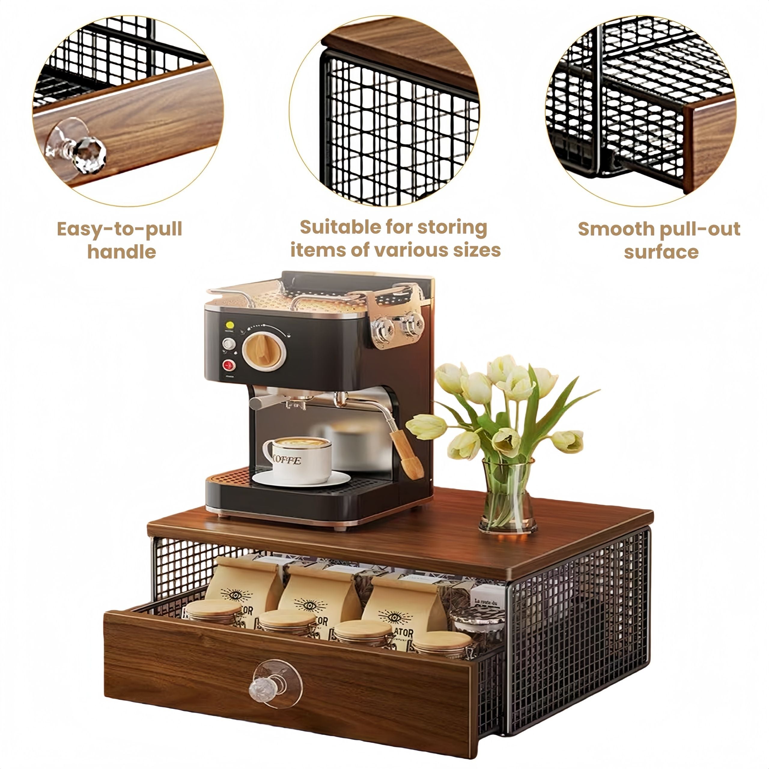 Coffee Machine Stand,Coffee Capsule Storage, Kitchen Counter Organizer with Drawer& Wire Basket, Space Saving Design, No Assembly, Tea Storage,for Kitchen Appliances
