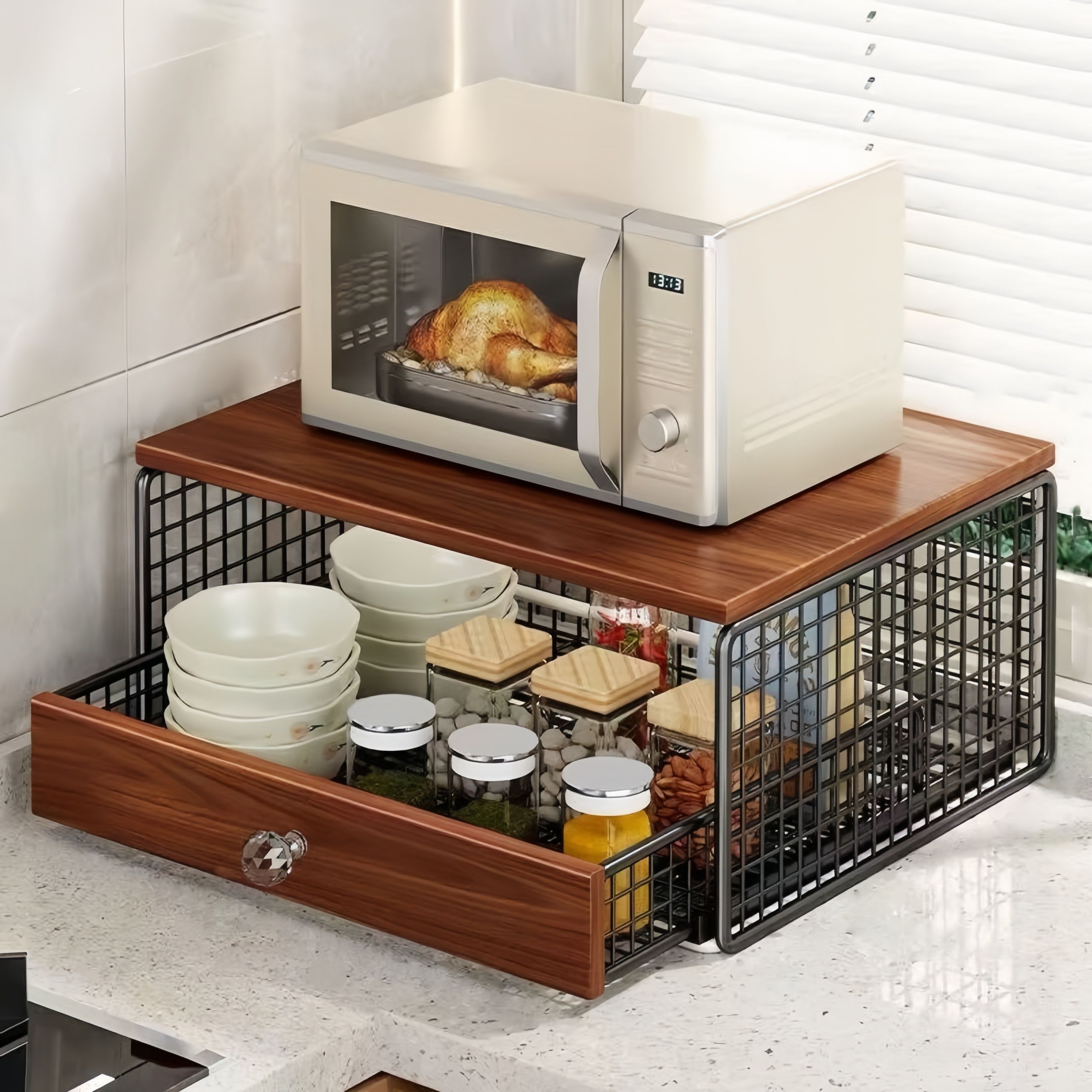 Coffee Machine Stand,Coffee Capsule Storage, Kitchen Counter Organizer with Drawer& Wire Basket, Space Saving Design, No Assembly, Tea Storage,for Kitchen Appliances