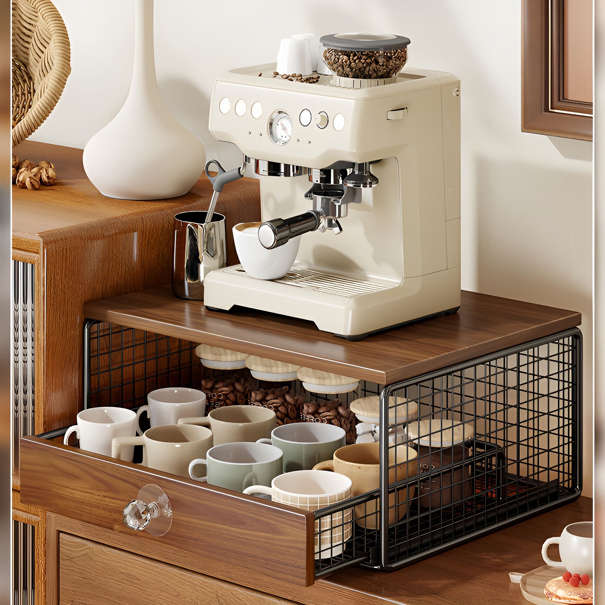 Coffee Machine Stand,Coffee Capsule Storage, Kitchen Counter Organizer with Drawer& Wire Basket, Space Saving Design, No Assembly, Tea Storage,for Kitchen Appliances