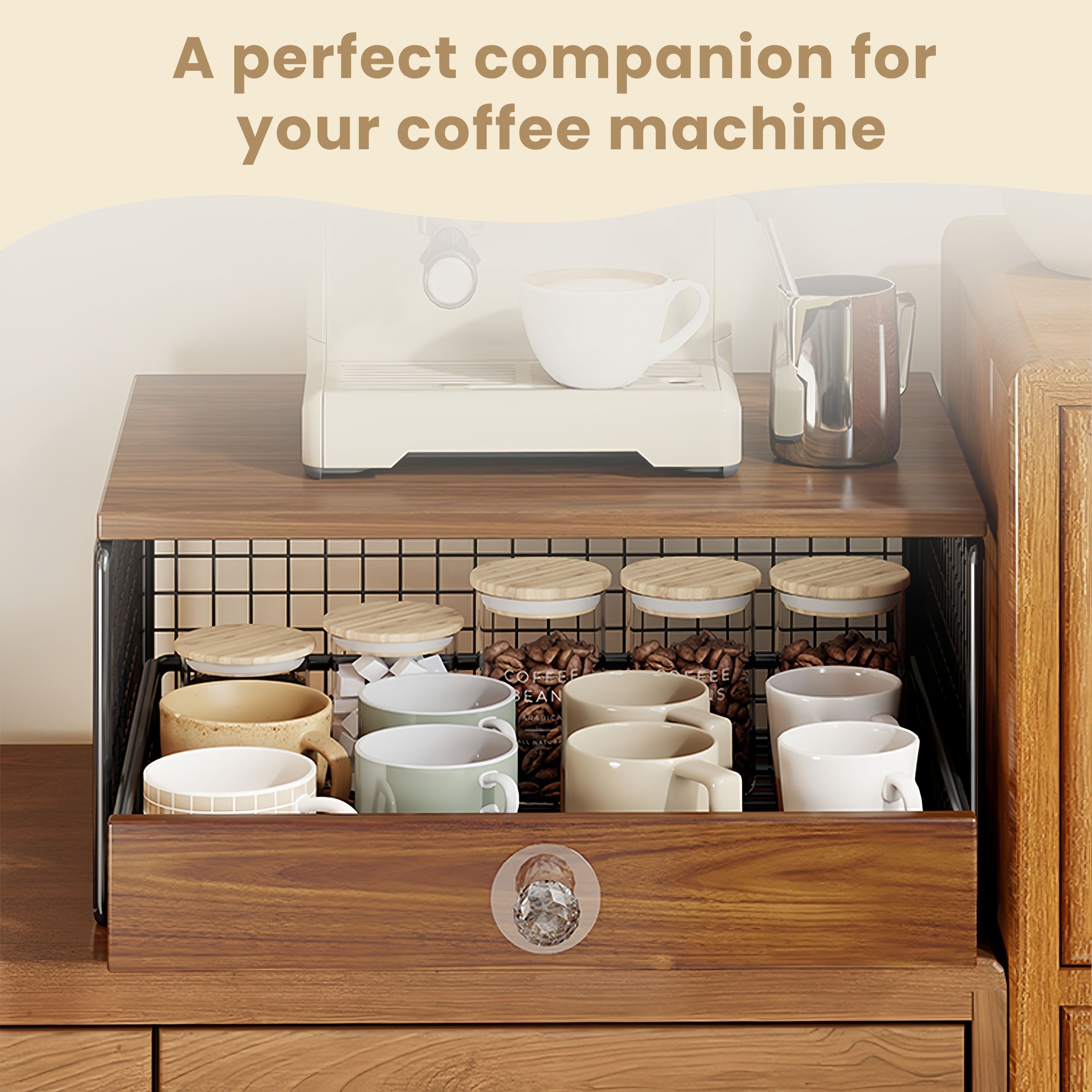 Coffee Machine Stand,Coffee Capsule Storage, Kitchen Counter Organizer with Drawer& Wire Basket, Space Saving Design, No Assembly, Tea Storage,for Kitchen Appliances
