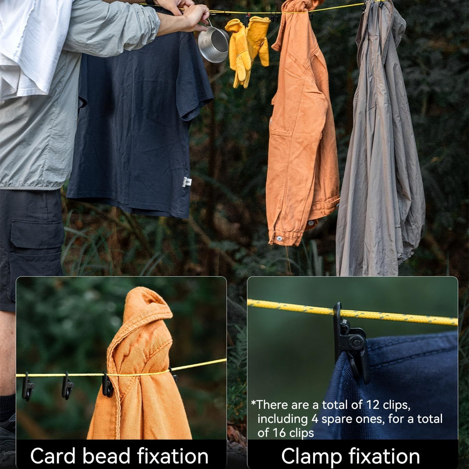 Portable Clothesline for Travel, Outdoor Camping Clothesline with 16 Clothes Clips,Lightweight Camping Clothes Drying Rope for Hotels Backyard Cruise Ships