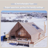 Inflatable Camping Tent with Canopy, Easy Setup Large 4-6 Person Family Waterproof Air Tent, Heavy Duty Cabin Glamping Hiking Blow up Tent with Awning Extension Porch & Air Pump -Khaki
