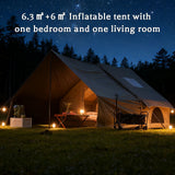 Dark Green Inflatable Camping Tent with Canopy, Large 4-6 Person, Waterproof, Heavy Duty Cabin Glamping Hiking Blow Up Tent with Awning Extension Porch and Air Pump
