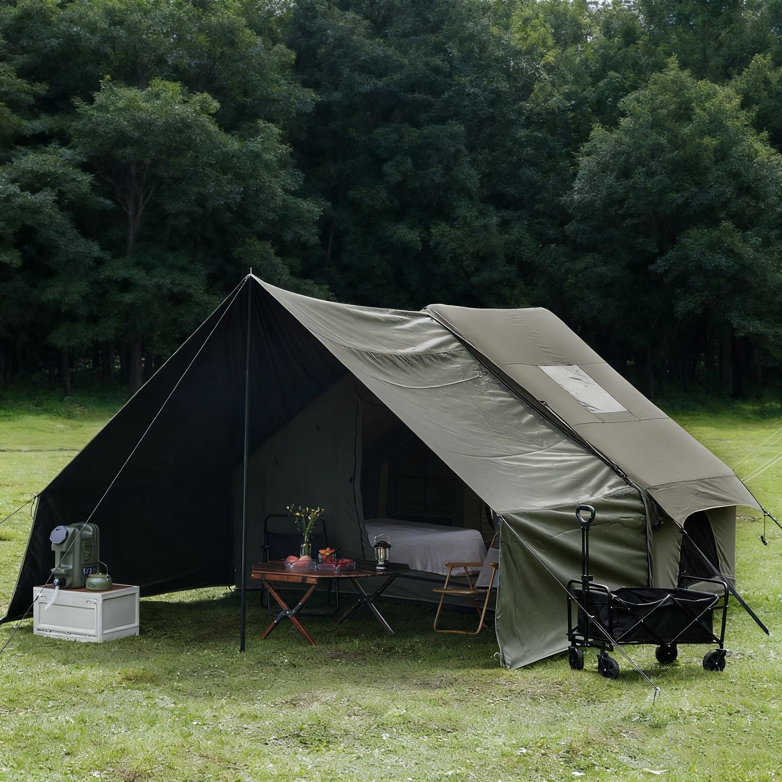 Dark Green Inflatable Camping Tent with Canopy, Large 4-6 Person, Waterproof, Heavy Duty Cabin Glamping Hiking Blow Up Tent with Awning Extension Porch and Air Pump