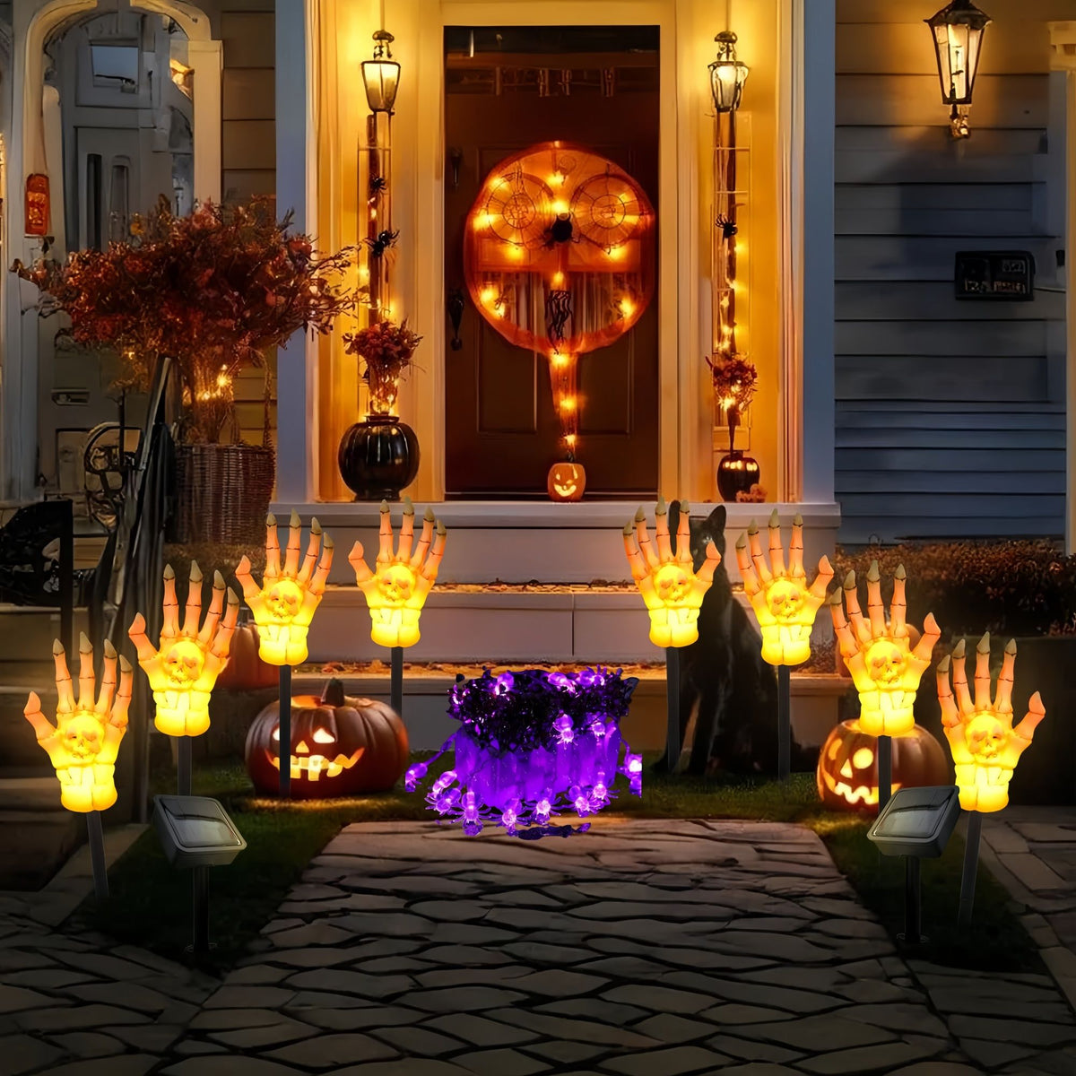 Halloween Solar Light Decoration Set – 4 Pcs Skeleton Hand Bone Lamp & 50 LED 23ft Purple Spider String Lights for Patio, Garden, Gate, Yard, Lawn Halloween Decoration