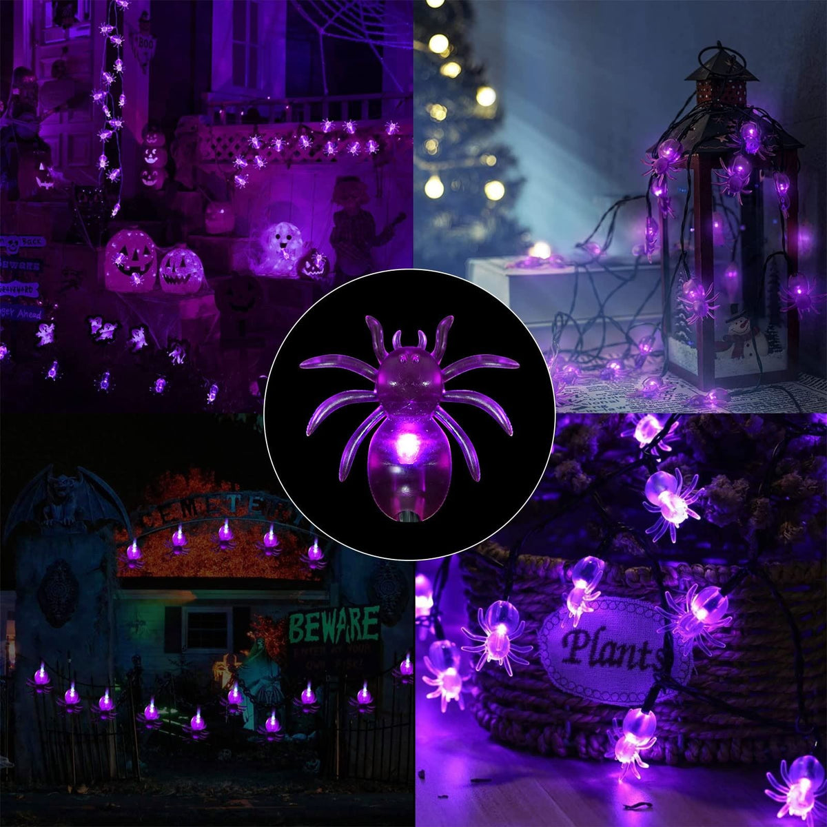Halloween Solar Light Decoration Set – 4 Pcs Skeleton Hand Bone Lamp & 50 LED 23ft Purple Spider String Lights for Patio, Garden, Gate, Yard, Lawn Halloween Decoration
