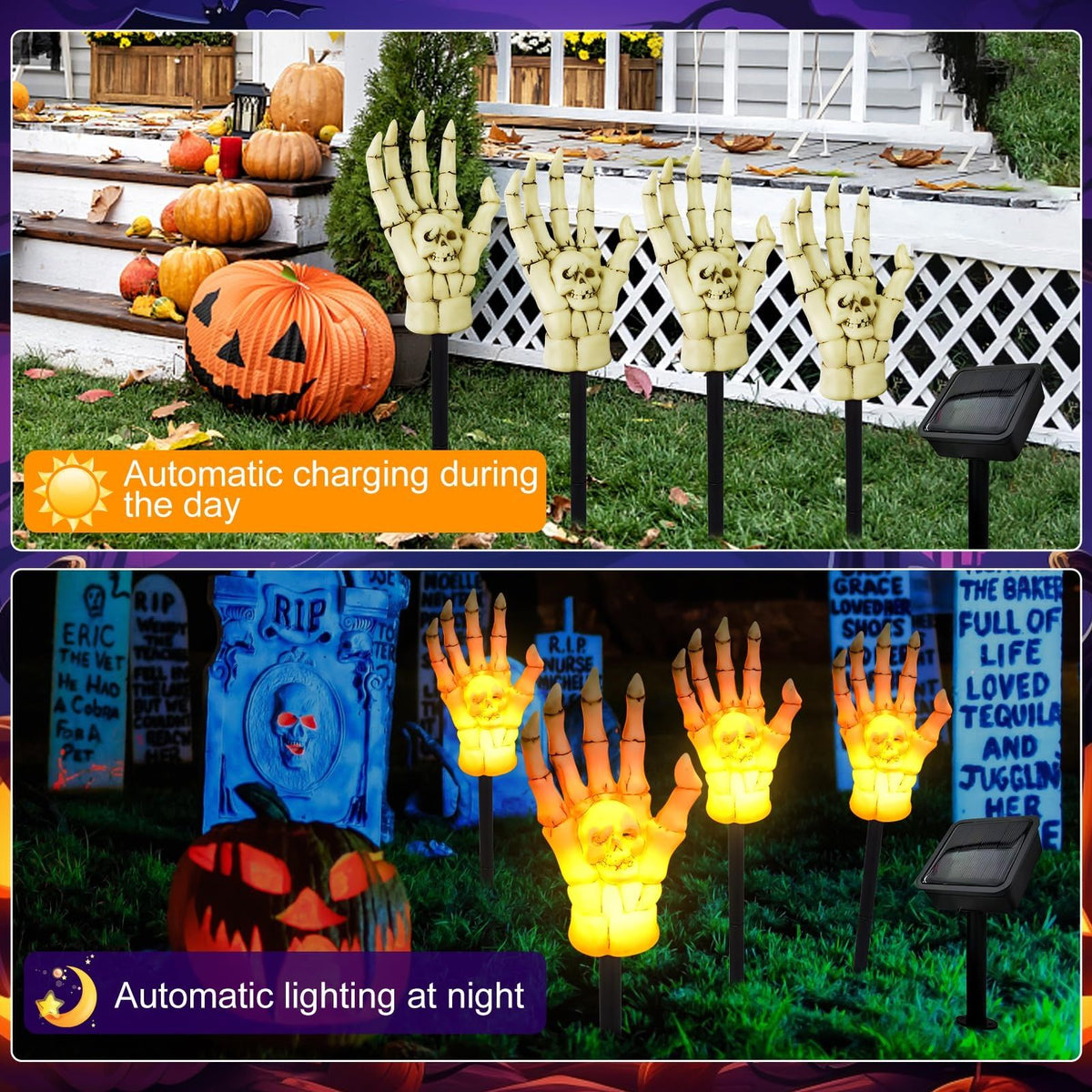Halloween Solar Light Decoration Set – 4 Pcs Skeleton Hand Bone Lamp & 50 LED 23ft Purple Spider String Lights for Patio, Garden, Gate, Yard, Lawn Halloween Decoration