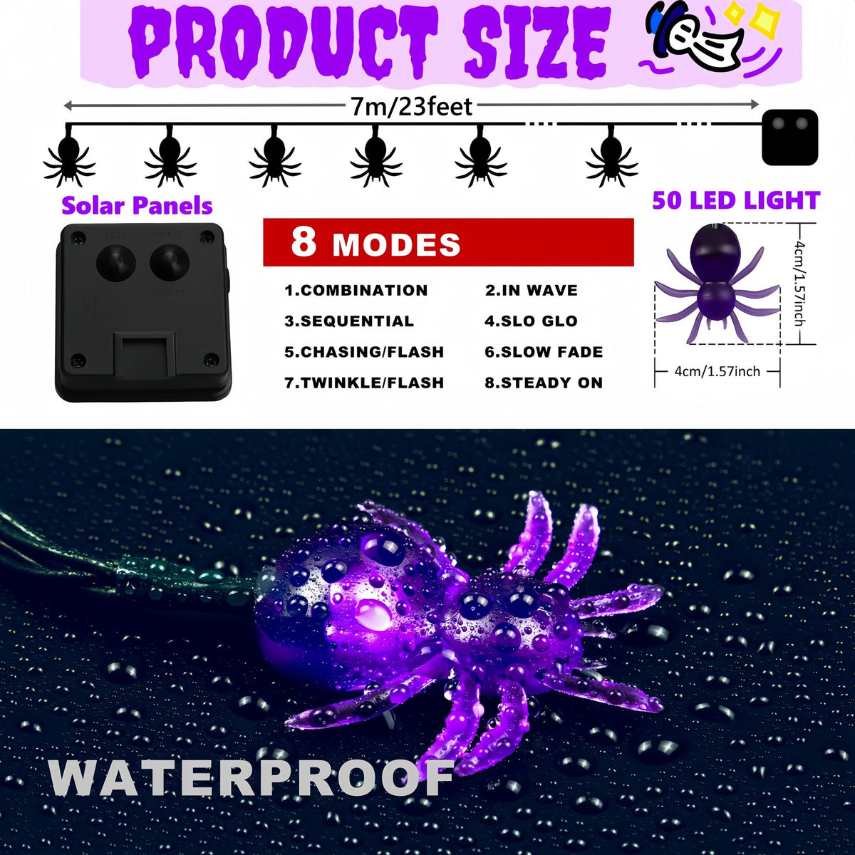 Halloween Solar Light Decoration Set – 4 Pcs Skeleton Hand Bone Lamp & 50 LED 23ft Purple Spider String Lights for Patio, Garden, Gate, Yard, Lawn Halloween Decoration