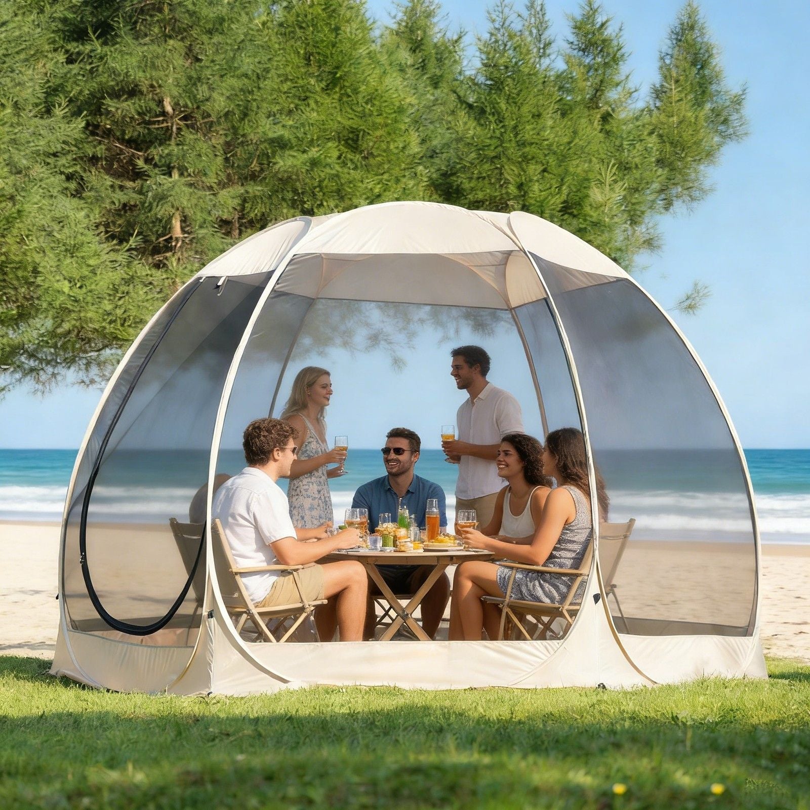 Large 3m Pop Up Screen House Tent, 6-8 Person Mosquito Shelter,,Easy 60-second setup camping tend.Fits standard picnic tables with 220cm full standing headroom.Portable Shelter Enclosure