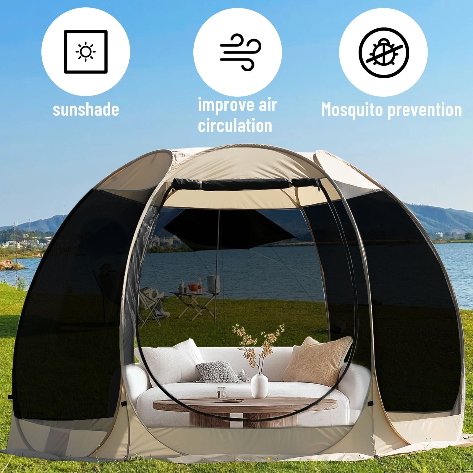 Large 3m Pop Up Screen House Tent, 6-8 Person Mosquito Shelter,,Easy 60-second setup camping tend.Fits standard picnic tables with 220cm full standing headroom.Portable Shelter Enclosure