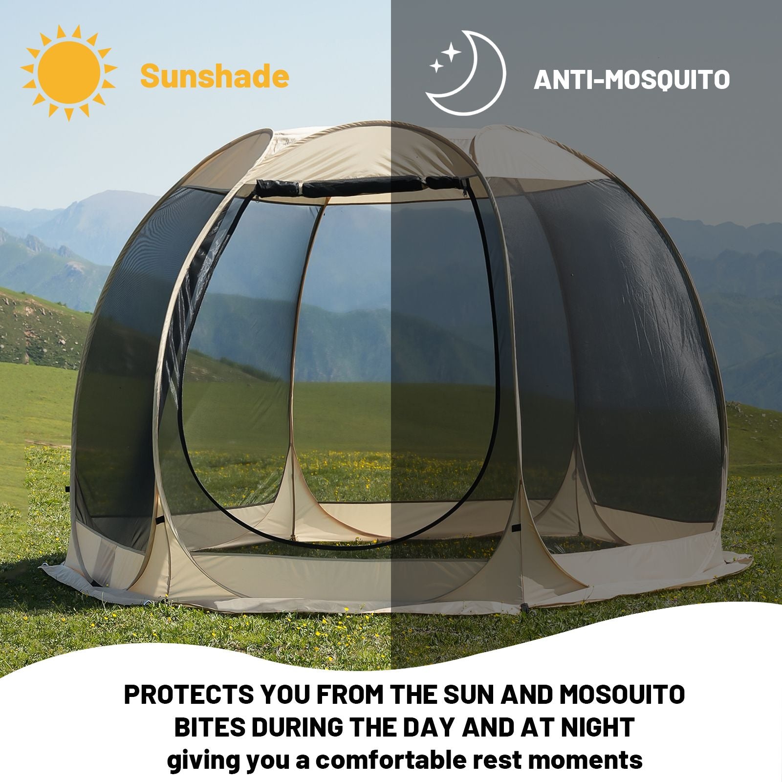 Large 3m Pop Up Screen House Tent, 6-8 Person Mosquito Shelter,,Easy 60-second setup camping tend.Fits standard picnic tables with 220cm full standing headroom.Portable Shelter Enclosure