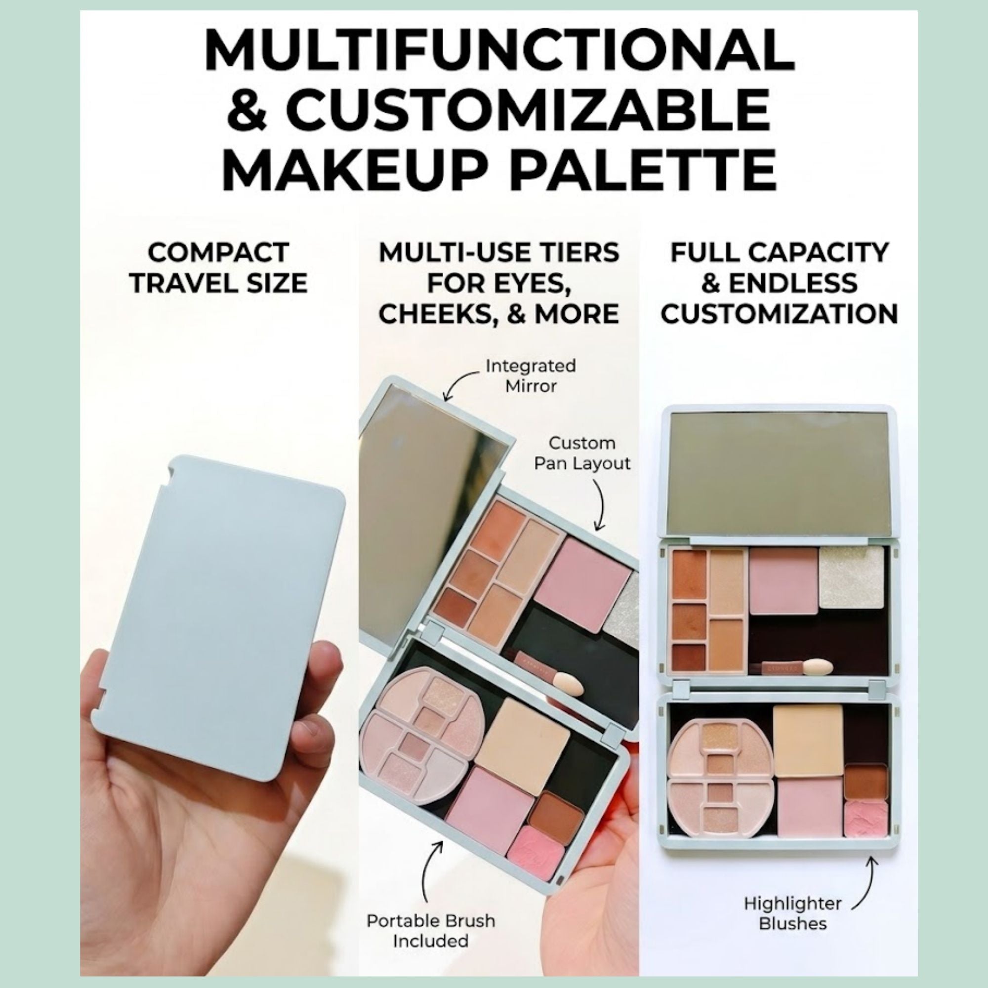 Portable Magnetic Makeup Palette With Mirror, Double-sided Folding, Refillable Eyeshadow Palette with Lid, DIY Eyeshadow Pan Dispensing Storage Box for Lipstick Blush Powder