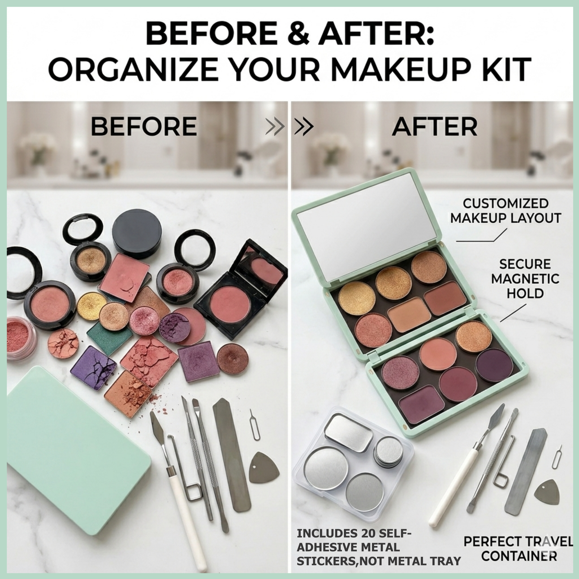 Portable Magnetic Makeup Palette With Mirror, Double-sided Folding, Refillable Eyeshadow Palette with Lid, DIY Eyeshadow Pan Dispensing Storage Box for Lipstick Blush Powder