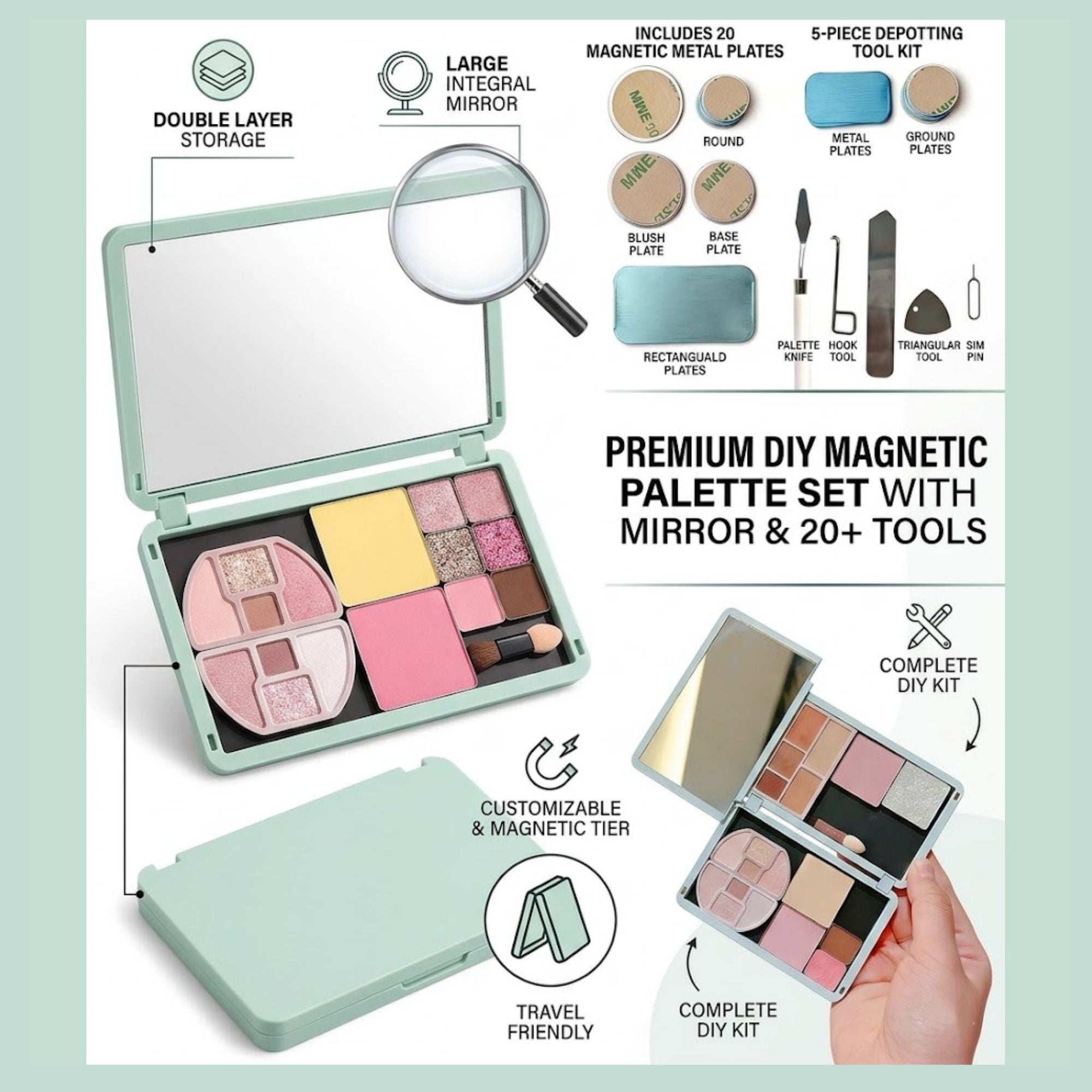 Portable Magnetic Makeup Palette With Mirror, Double-sided Folding, Refillable Eyeshadow Palette with Lid, DIY Eyeshadow Pan Dispensing Storage Box for Lipstick Blush Powder