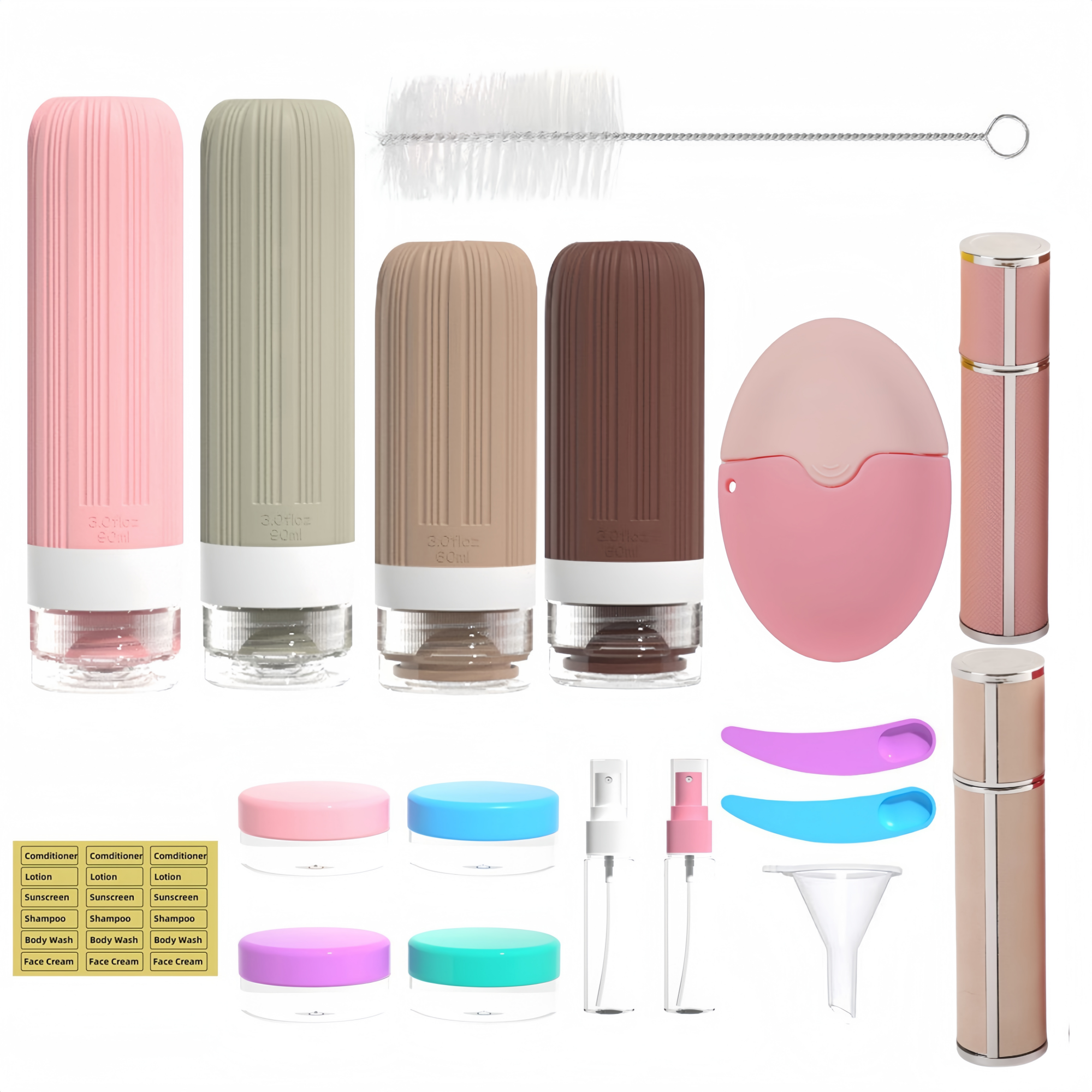 19 Pack Travel Bottles Set, Silicone Toiletry Bottles, Sunscreen Applicator & Refillable Perfume Spray Bottles, TSA Approved, Leak Proof Travel Accessories for Shampoo, Lotion, Perfume