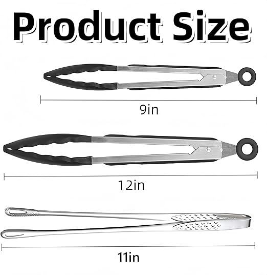 4 Pcs Kitchen Tongs Stainless Steel Set-9" & 12" Tong with Non Slip Silicone Tips and Grip, 11" Stainless Steel Cooking Tongs, Heat Resistant Kitchen Utensils for Cooking Baking Buffet