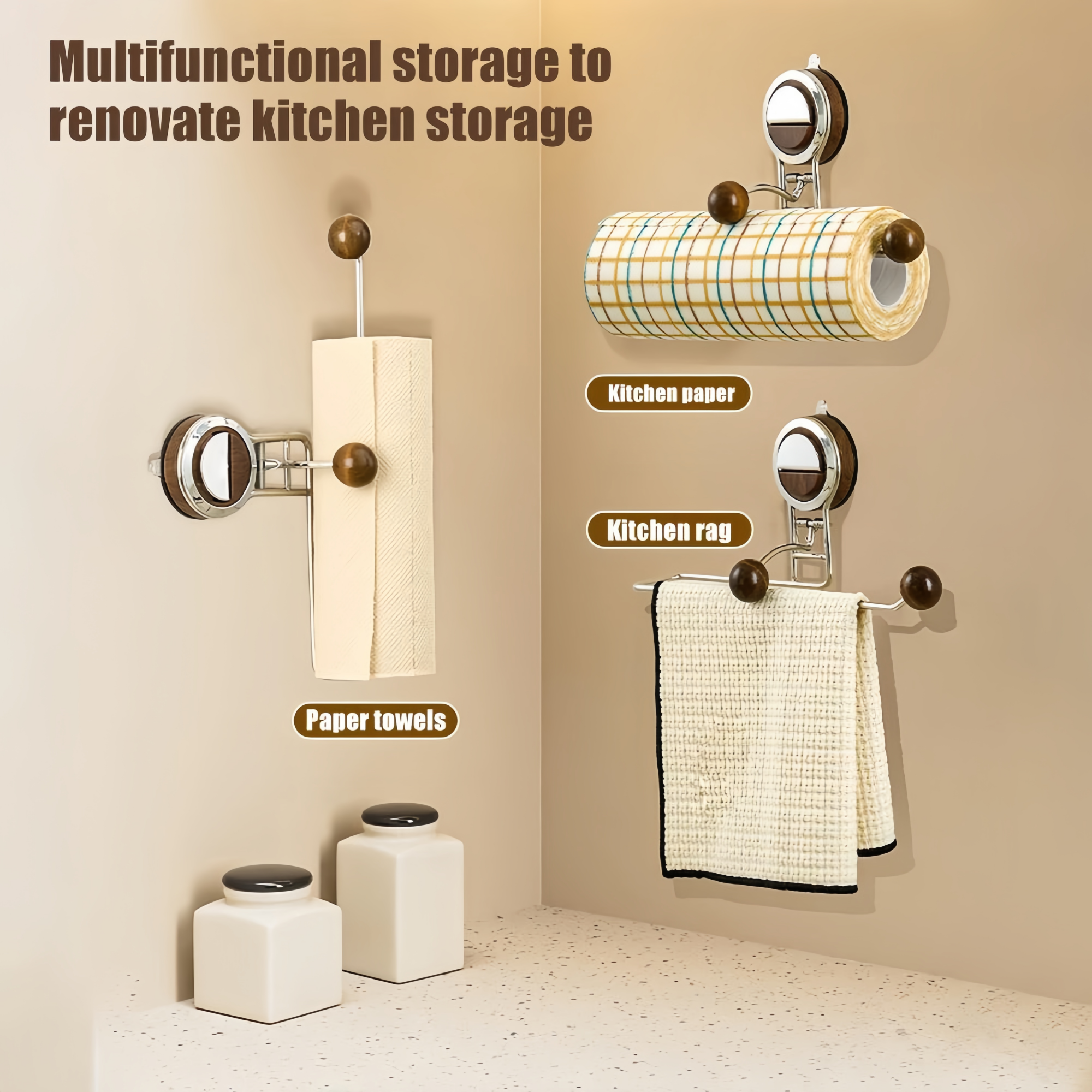 Kitchen Holder Wall Mounted,Suction Paper Installation,Adhesive Paper Towel Roll Rack for Bathroom, No Drilling Required,Multi Functional Metal Towel Bar Walnut