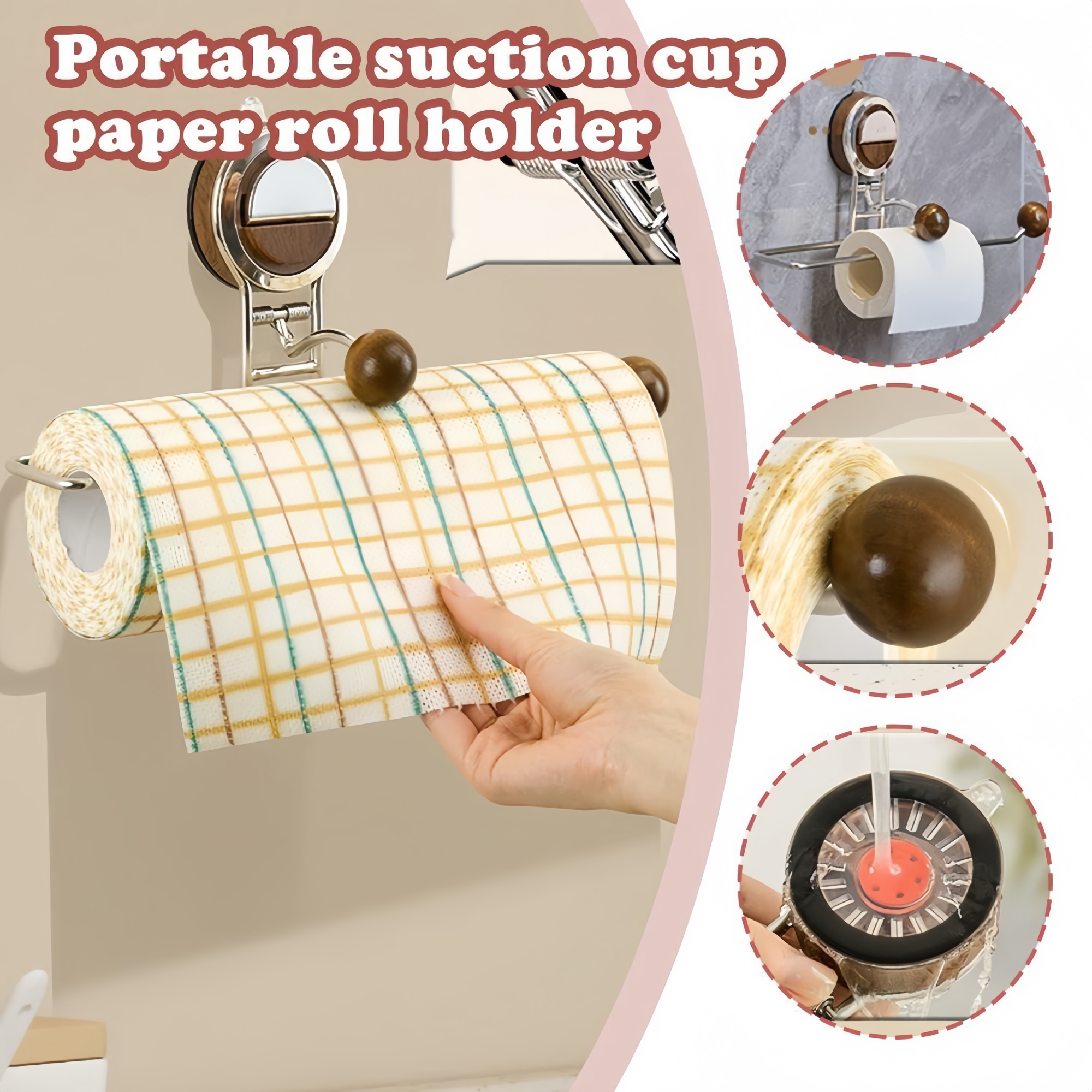 Kitchen Holder Wall Mounted,Suction Paper Installation,Adhesive Paper Towel Roll Rack for Bathroom, No Drilling Required,Multi Functional Metal Towel Bar Walnut