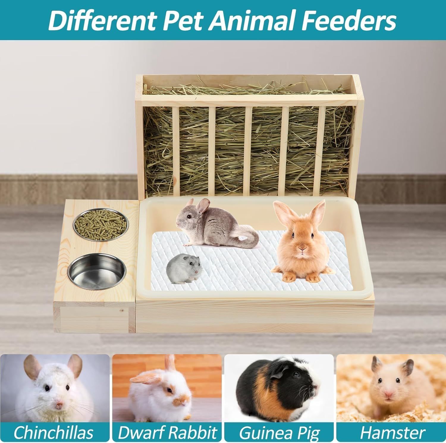 Wooden Rabbit Hay Feeder with 3-in-1 Litter Box and Bowls, Small Animal Rack for Guinea Pigs, Chinchillas, Hamsters, and Dwarf Rabbits - Wood Color