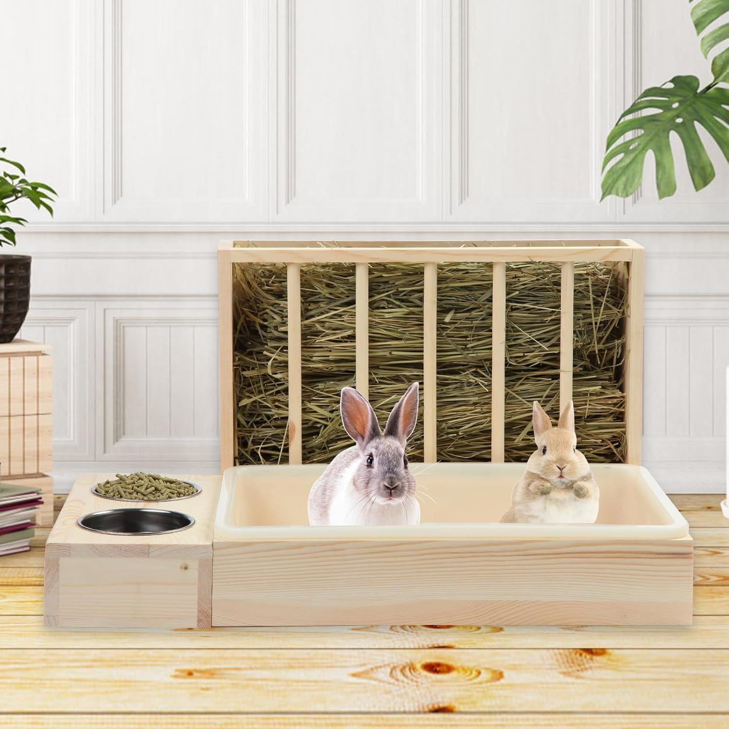 Wooden Rabbit Hay Feeder with 3-in-1 Litter Box and Bowls, Small Animal Rack for Guinea Pigs, Chinchillas, Hamsters, and Dwarf Rabbits - Wood Color