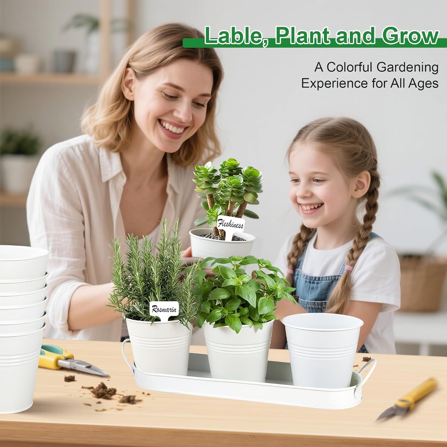 Herb Garden Planter Indoor Kit – 6 Metal Pots with 2 Trays for Windowsill & Kitchen Counter – Modern Decorative Indoor Planters for Herbs, Succulents & Small Plants, White