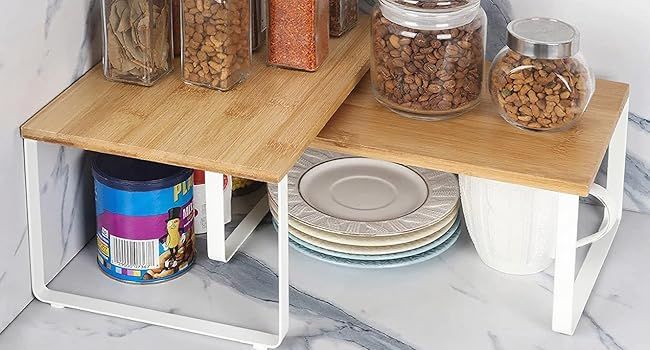 Kitchen Shelf Organizer – 2-Tier Expandable & Stackable Countertop Spice Storage Rack, White Metal Frame Pantry Cabinet Organizer for Dishes, Spices, Mugs, 4 Packs