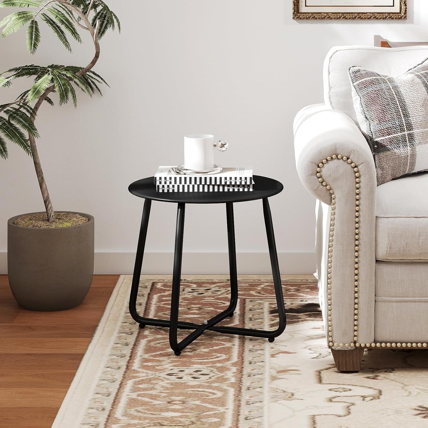 Outdoor Metal Side Table â€“ Rust-Resistant Patio Small Round End Table, Accent Coffee Table for Balcony, Garden, Porch, Living Room & Bedroom â€“ Lightweight Portable Plant Stand, Black