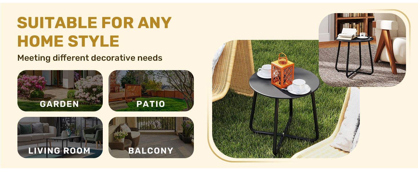 Outdoor Metal Side Table â€“ Rust-Resistant Patio Small Round End Table, Accent Coffee Table for Balcony, Garden, Porch, Living Room & Bedroom â€“ Lightweight Portable Plant Stand, Black
