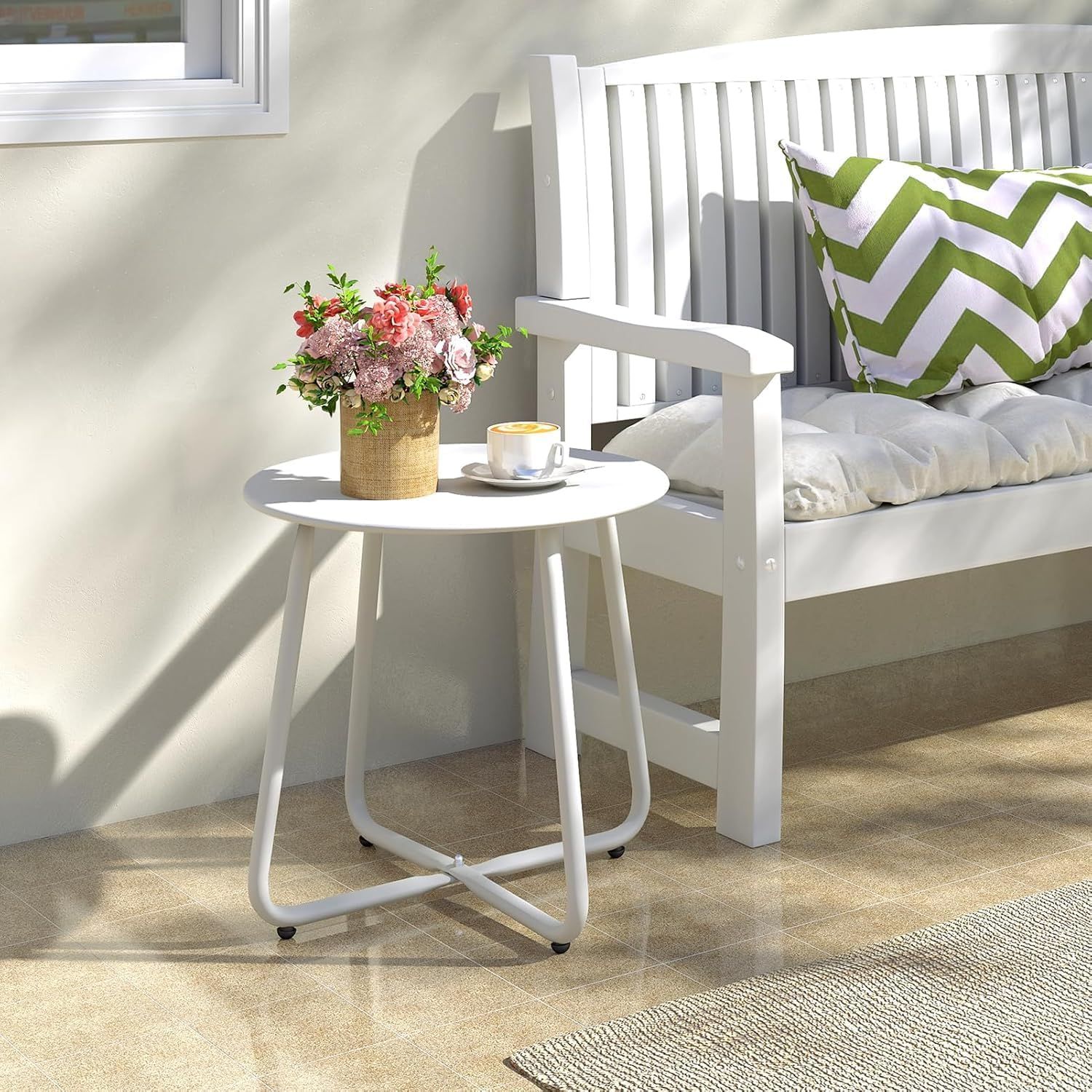 Metal Outdoor Side Table â€“ Round Patio Table, Rust-Resistant Small End Coffee Table for Balcony, Garden, Porch, Living Room & Bedroom â€“ Portable Accent Table for Indoor Outdoor Use, White