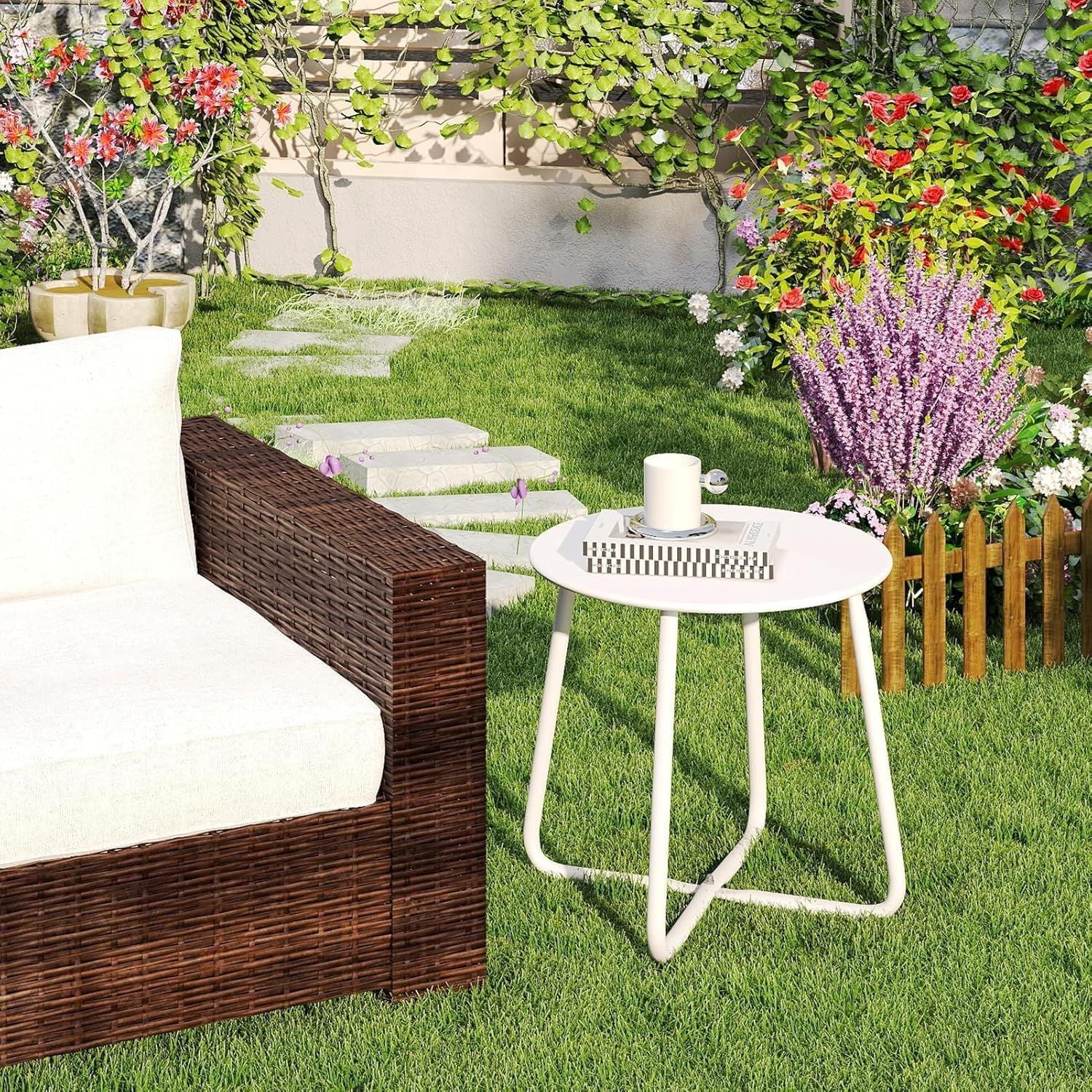 Metal Outdoor Side Table â€“ Round Patio Table, Rust-Resistant Small End Coffee Table for Balcony, Garden, Porch, Living Room & Bedroom â€“ Portable Accent Table for Indoor Outdoor Use, White
