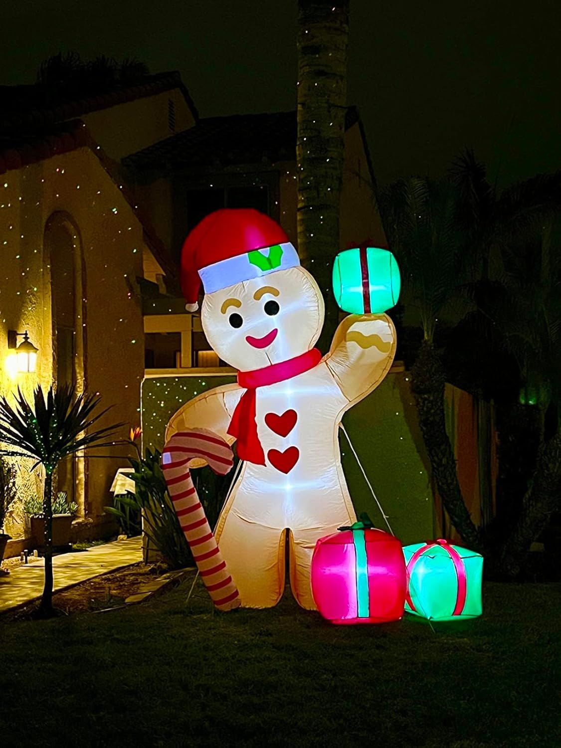 8FT/2.4m Lighted Inflatable Gingerbread Man Christmas Decoration with Candy Cane & Gift Boxes, Outdoor Indoor Holiday Yard Lawn Display with Built-in LED Lights