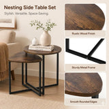 Nesting Side Tables Set of 2, Round End Tables with Rustic Brown Wood Look Top and Black Metal Frame, Space Saving Accent Coffee Tables for Living Room, Bedroom, Sofa Side, Bedside, Small Spaces