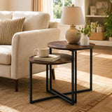 Nesting Side Tables Set of 2, Round End Tables with Rustic Brown Wood Look Top and Black Metal Frame, Space Saving Accent Coffee Tables for Living Room, Bedroom, Sofa Side, Bedside, Small Spaces