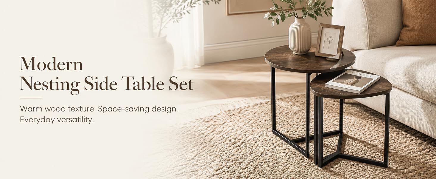 Nesting Side Tables Set of 2, Round End Tables with Rustic Brown Wood Look Top and Black Metal Frame, Space Saving Accent Coffee Tables for Living Room, Bedroom, Sofa Side, Bedside, Small Spaces