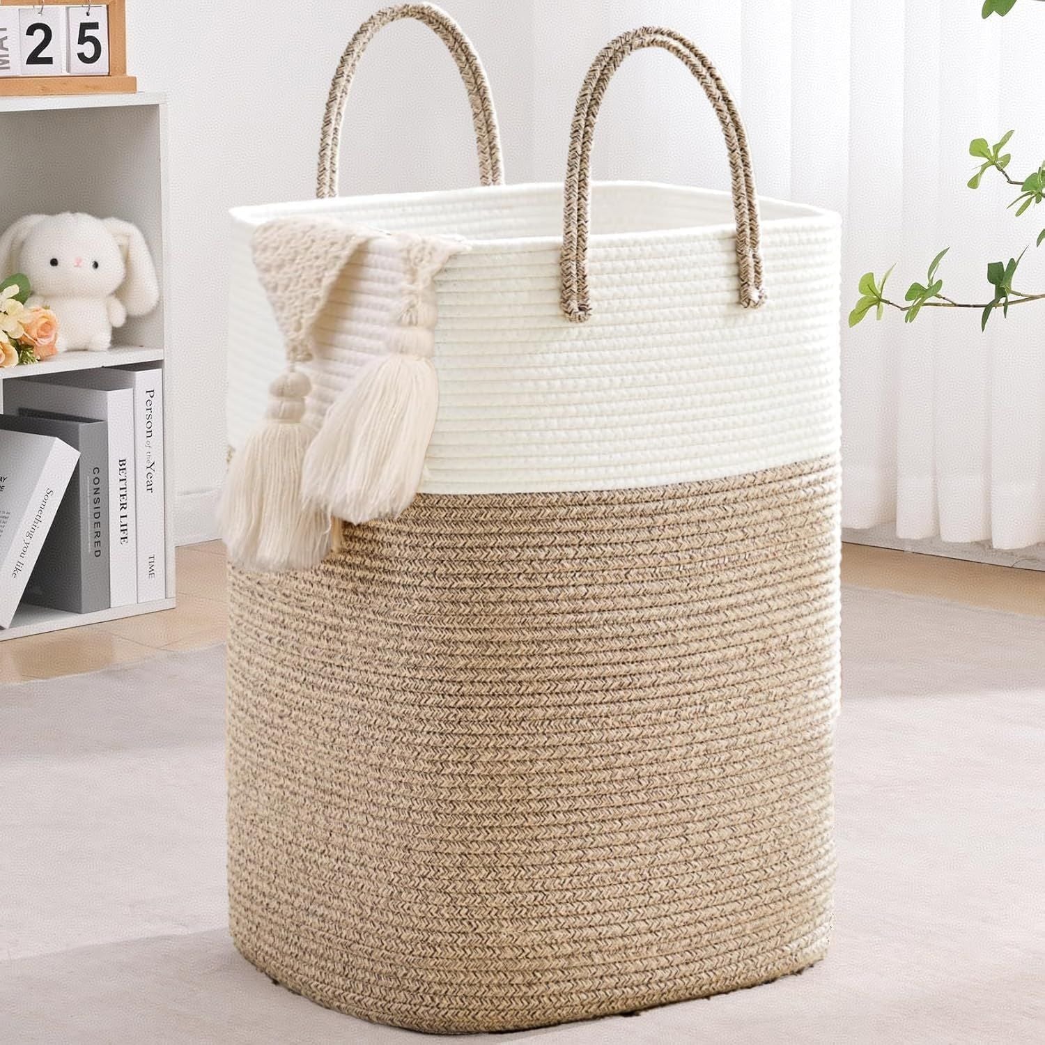 60L Cotton Rope Laundry Hamper Tall Woven Laundry Basket with Handles, Collapsible Clothes Hamper for Blankets Towels Laundry Storage Nursery Bedroom Bathroom Living Room