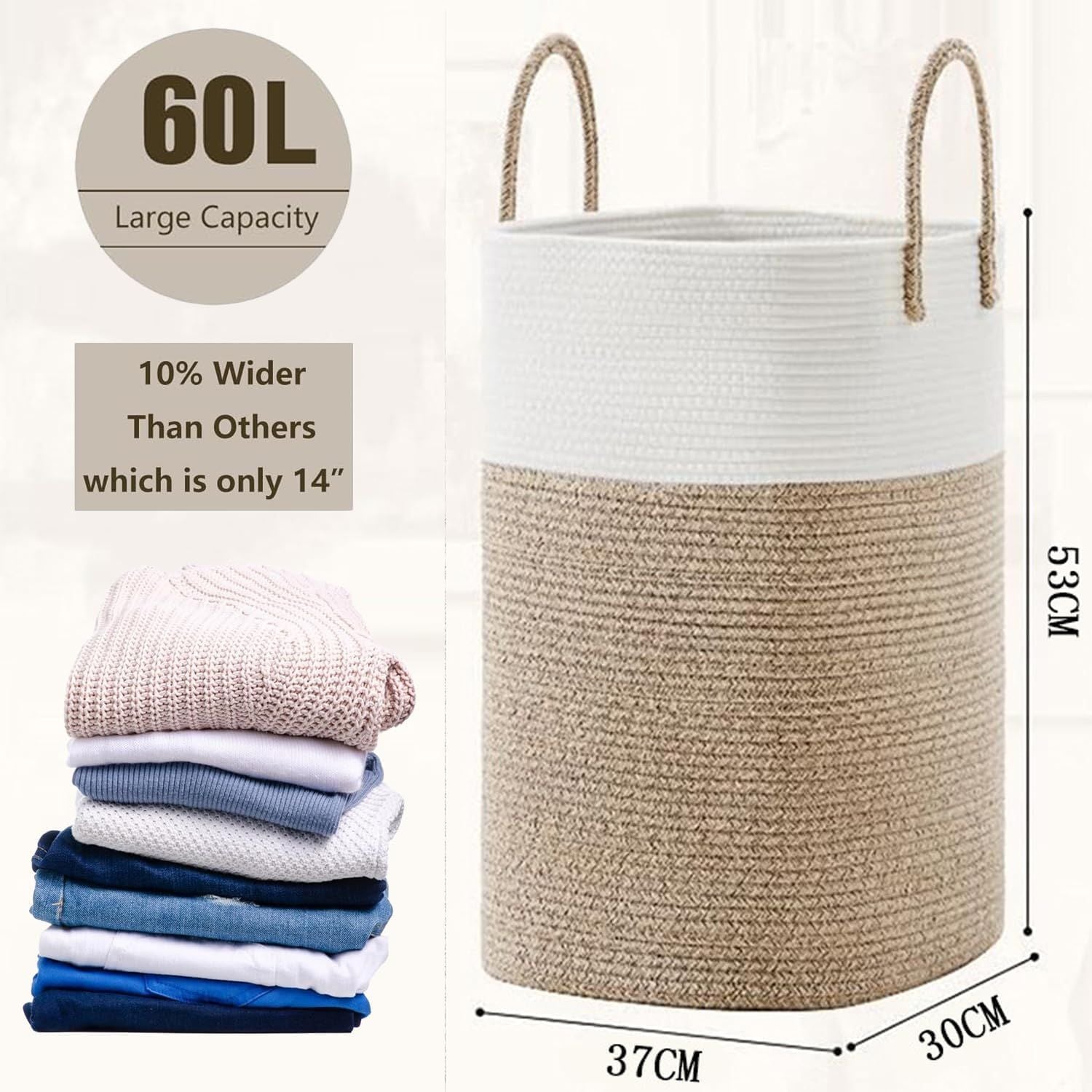 60L Cotton Rope Laundry Hamper Tall Woven Laundry Basket with Handles, Collapsible Clothes Hamper for Blankets Towels Laundry Storage Nursery Bedroom Bathroom Living Room