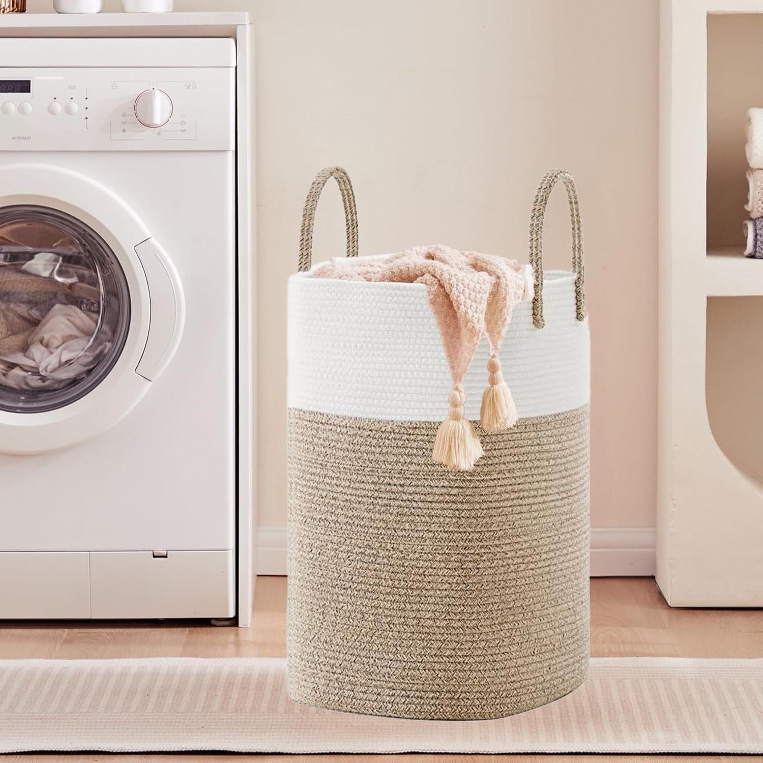 60L Cotton Rope Laundry Hamper Tall Woven Laundry Basket with Handles, Collapsible Clothes Hamper for Blankets Towels Laundry Storage Nursery Bedroom Bathroom Living Room