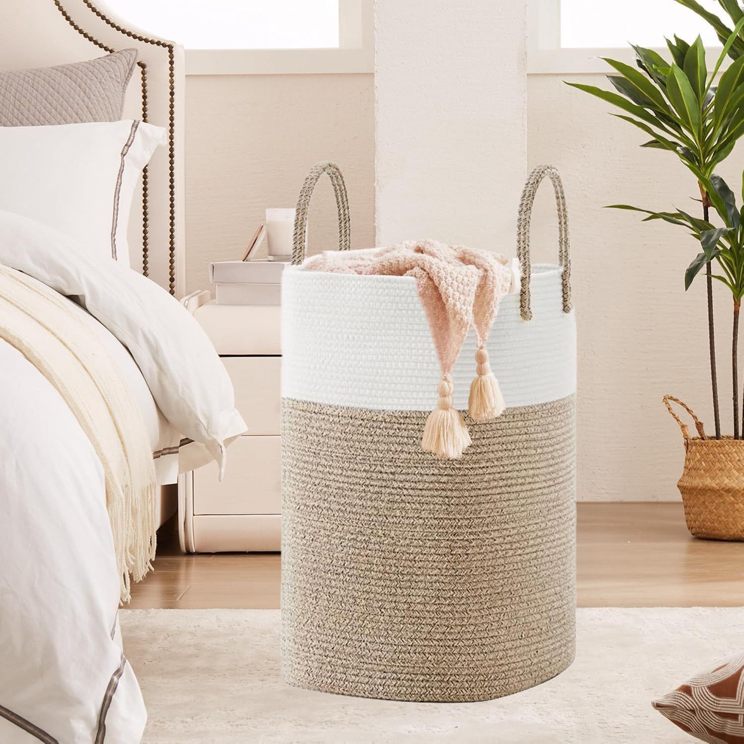 60L Cotton Rope Laundry Hamper Tall Woven Laundry Basket with Handles, Collapsible Clothes Hamper for Blankets Towels Laundry Storage Nursery Bedroom Bathroom Living Room