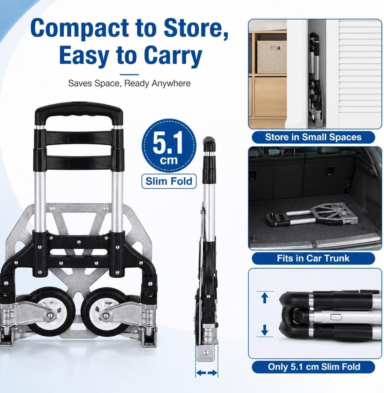 Folding Hand Truck, 1 Pack Portable Dolly Cart with Telescoping Handle, Lightweight Aluminum Alloy Foldable Hand Truck with Solid Rubber Wheels, Compact Moving Cart for Home, Office, Shopping, Travel