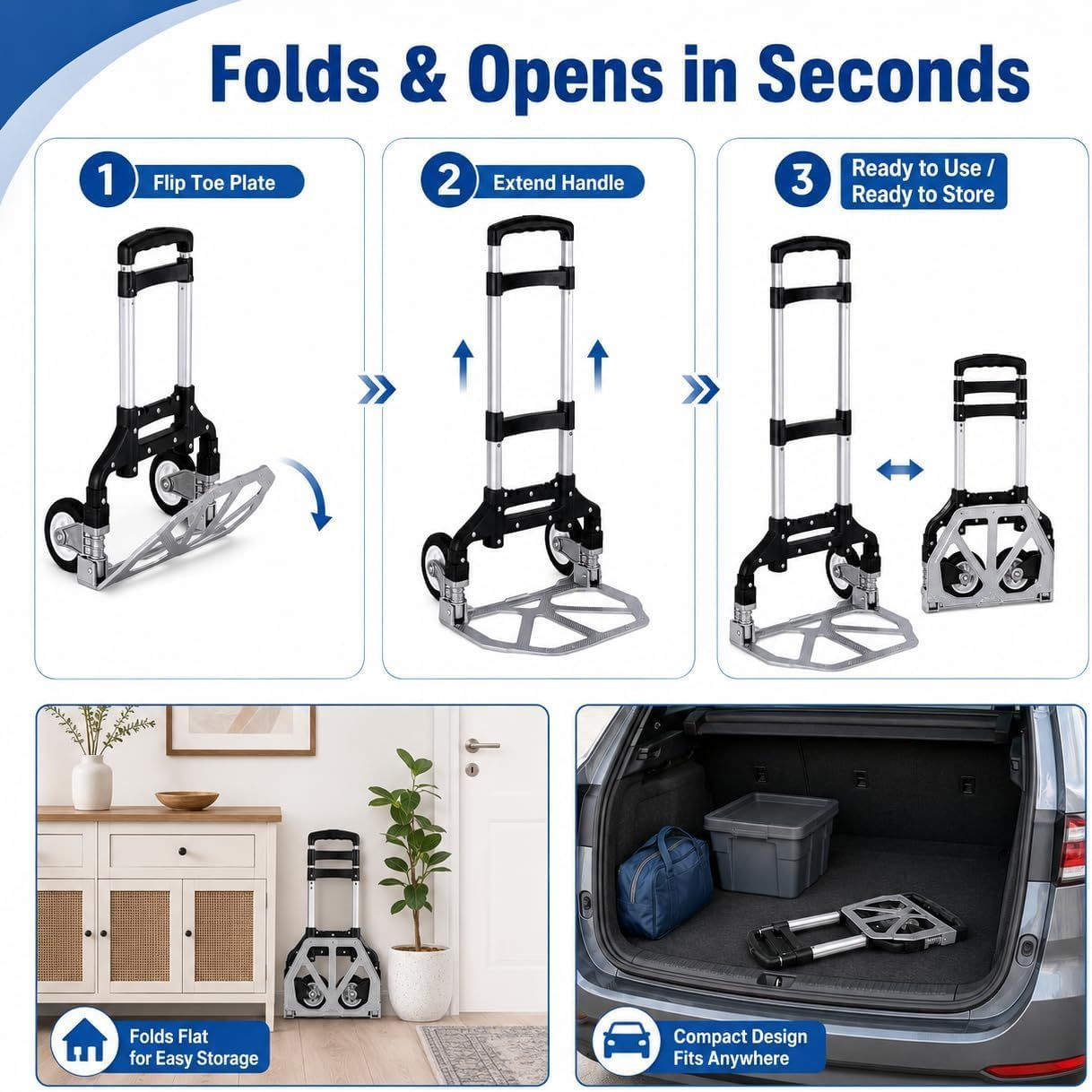 Folding Hand Truck, 1 Pack Portable Dolly Cart with Telescoping Handle, Lightweight Aluminum Alloy Foldable Hand Truck with Solid Rubber Wheels, Compact Moving Cart for Home, Office, Shopping, Travel