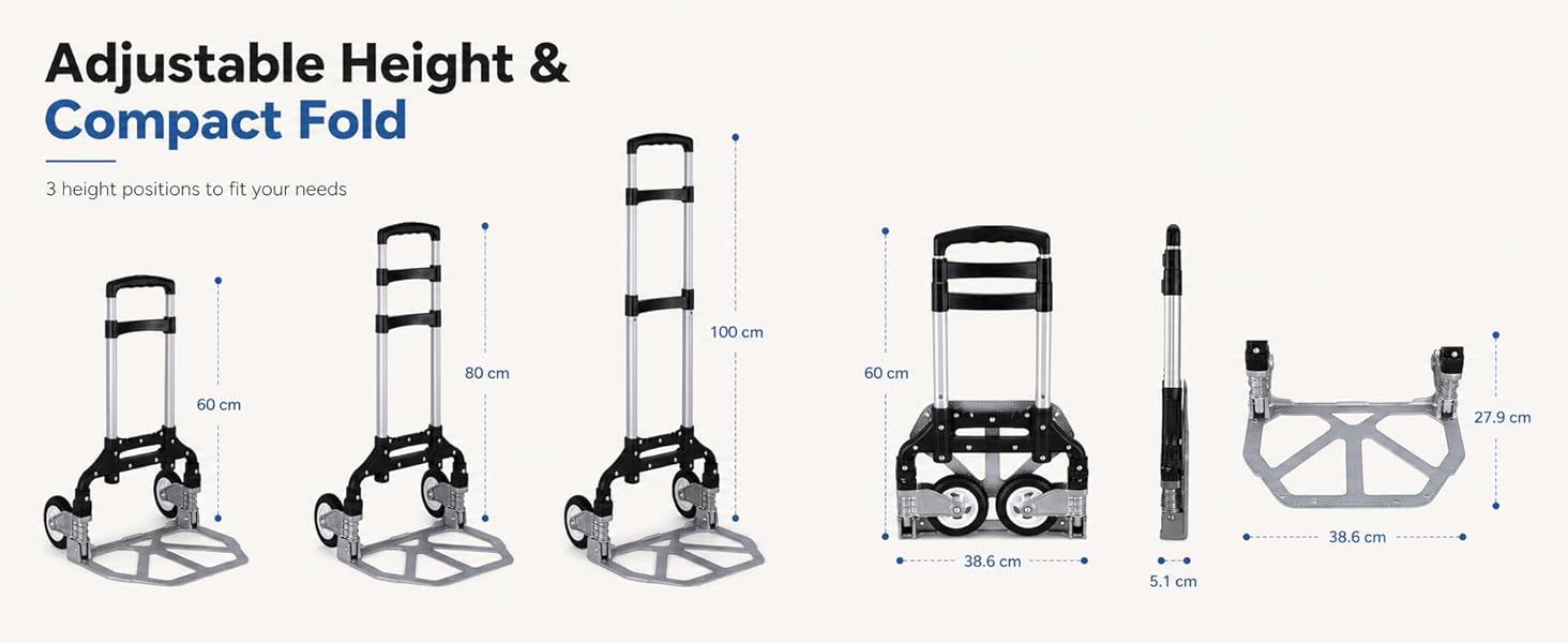 Folding Hand Truck, 1 Pack Portable Dolly Cart with Telescoping Handle, Lightweight Aluminum Alloy Foldable Hand Truck with Solid Rubber Wheels, Compact Moving Cart for Home, Office, Shopping, Travel