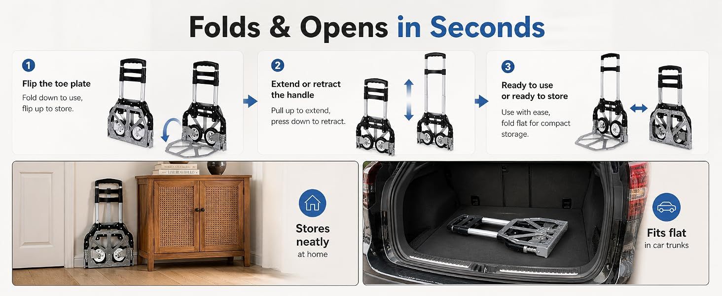 Folding Hand Truck, 1 Pack Portable Dolly Cart with Telescoping Handle, Lightweight Aluminum Alloy Foldable Hand Truck with Solid Rubber Wheels, Compact Moving Cart for Home, Office, Shopping, Travel