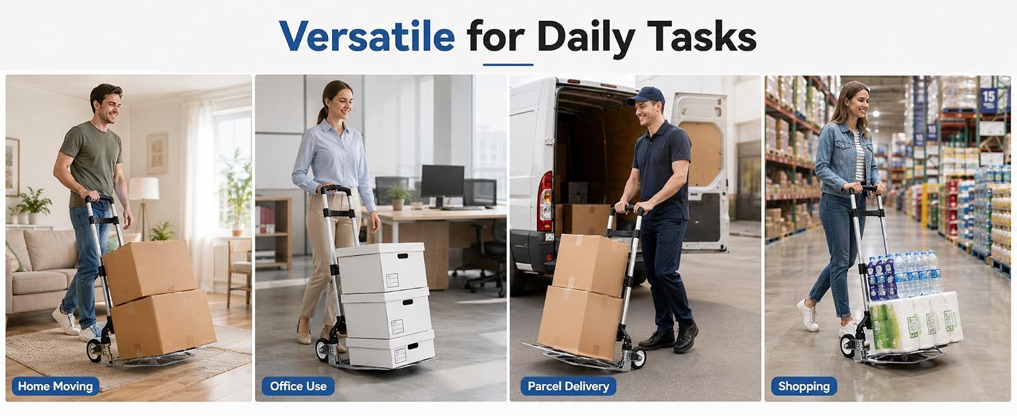 Folding Hand Truck, 1 Pack Portable Dolly Cart with Telescoping Handle, Lightweight Aluminum Alloy Foldable Hand Truck with Solid Rubber Wheels, Compact Moving Cart for Home, Office, Shopping, Travel