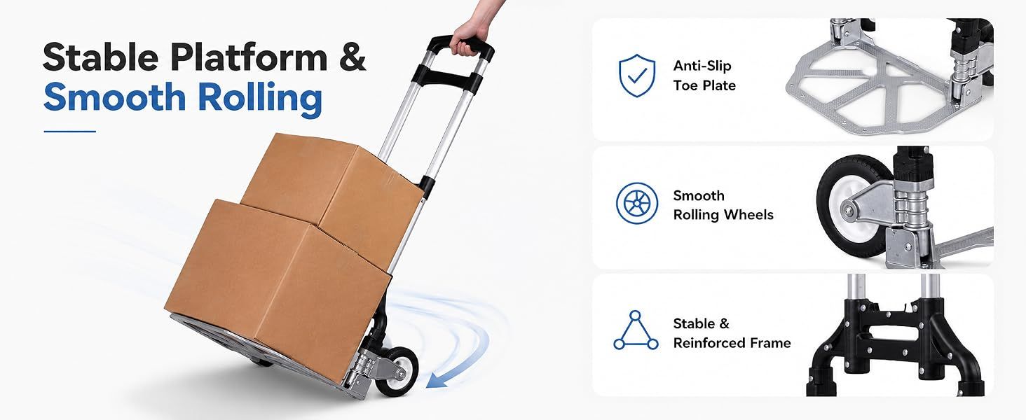 Folding Hand Truck, 1 Pack Portable Dolly Cart with Telescoping Handle, Lightweight Aluminum Alloy Foldable Hand Truck with Solid Rubber Wheels, Compact Moving Cart for Home, Office, Shopping, Travel